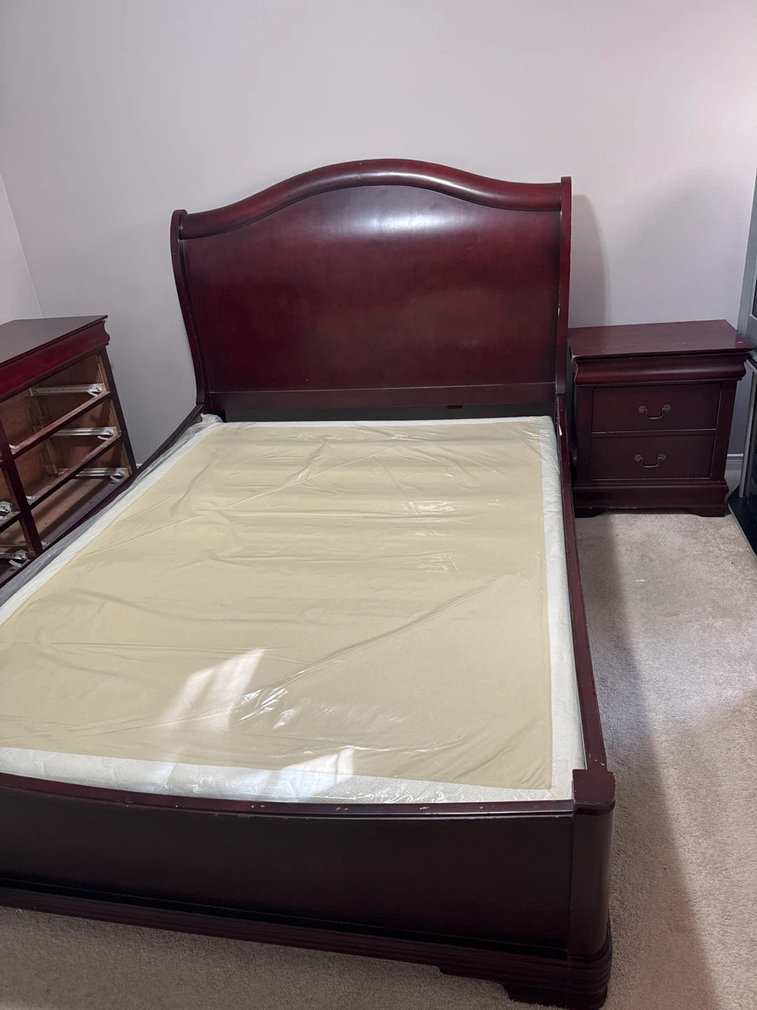 Dark Wood Sleigh Bed Frame with Mattress Protector