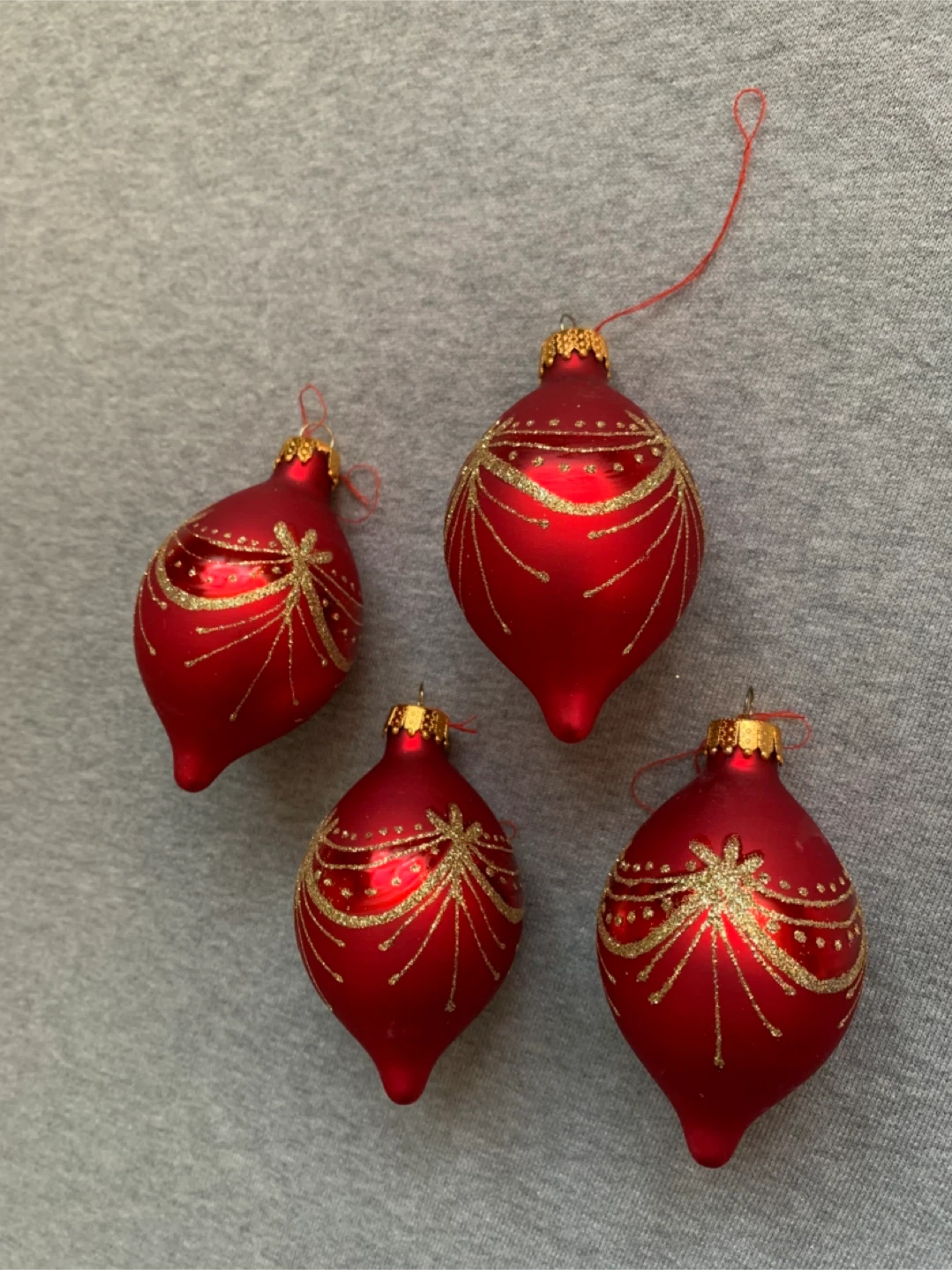 Red Christmas Ornaments with Gold Glitter (Set of 4)