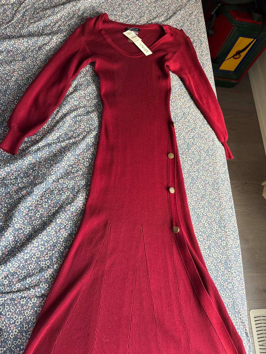 MINKPINK Ribbed Button Maxi Dress - Burgundy, Size Small