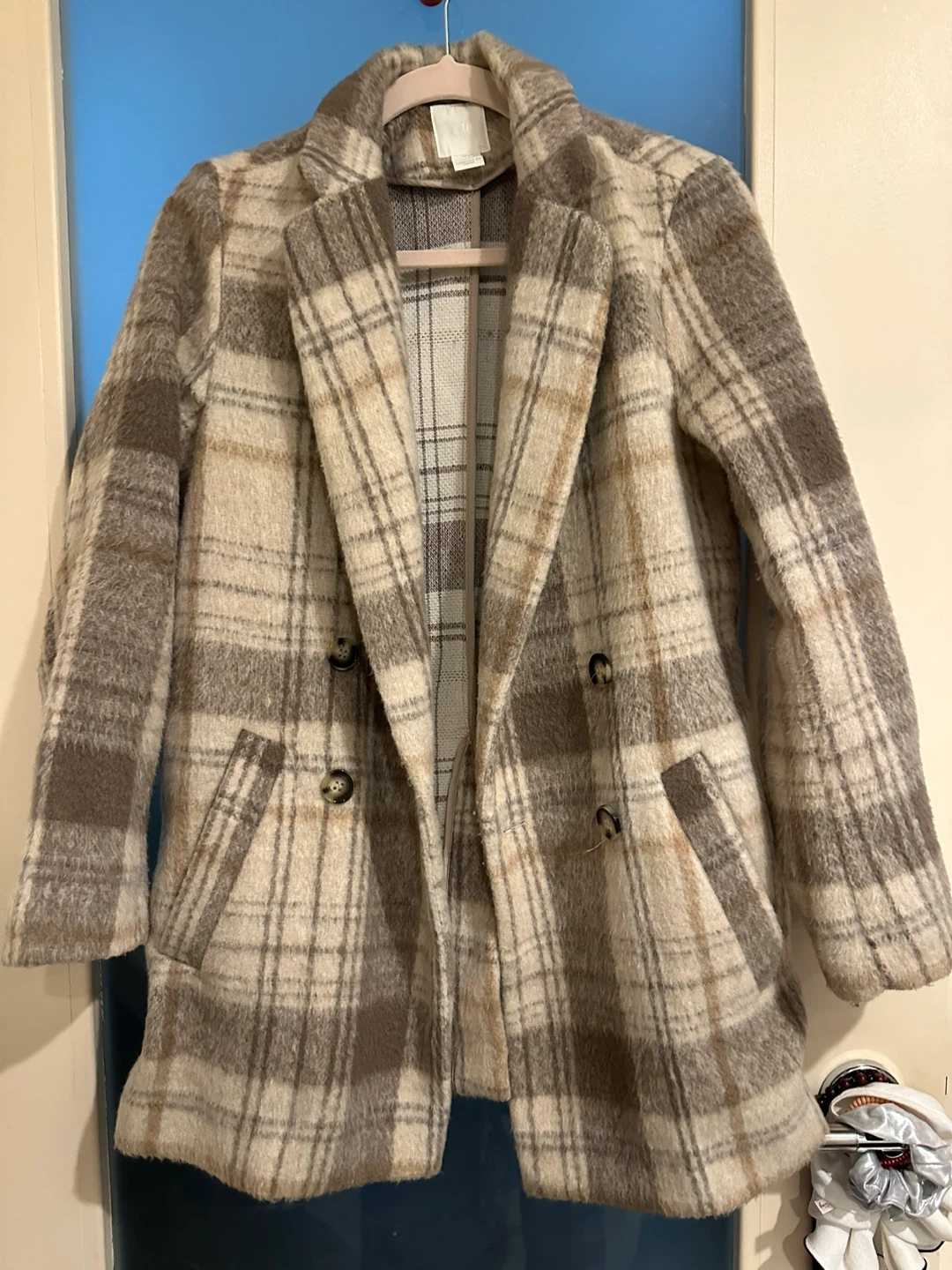 H&M Plaid Double-Breasted Wool Blend Coat - Beige/Brown - US 0