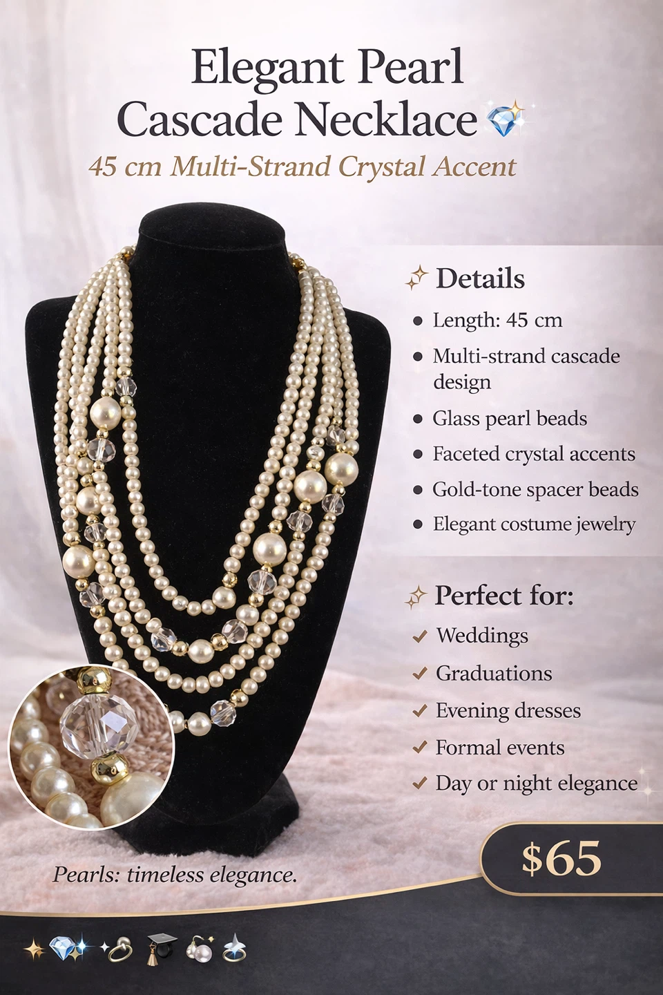 Elegant Pearl Cascade Necklace - 45 cm