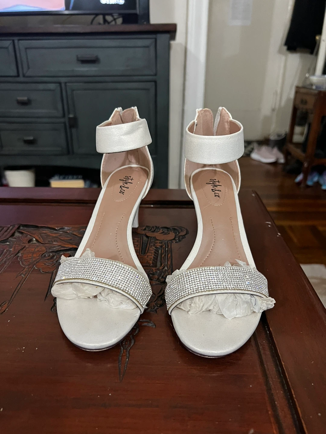 Style & Co White Embellished Ankle Strap Heels