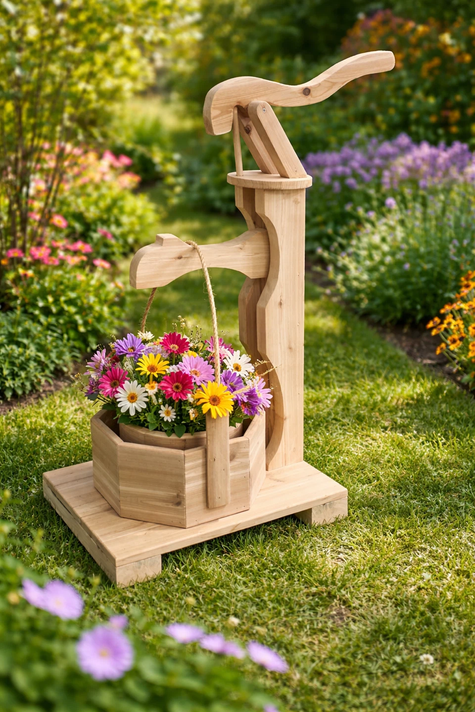 Handmade Cedar Pump Flower Planter – Rustic Garden Decor - photo 2