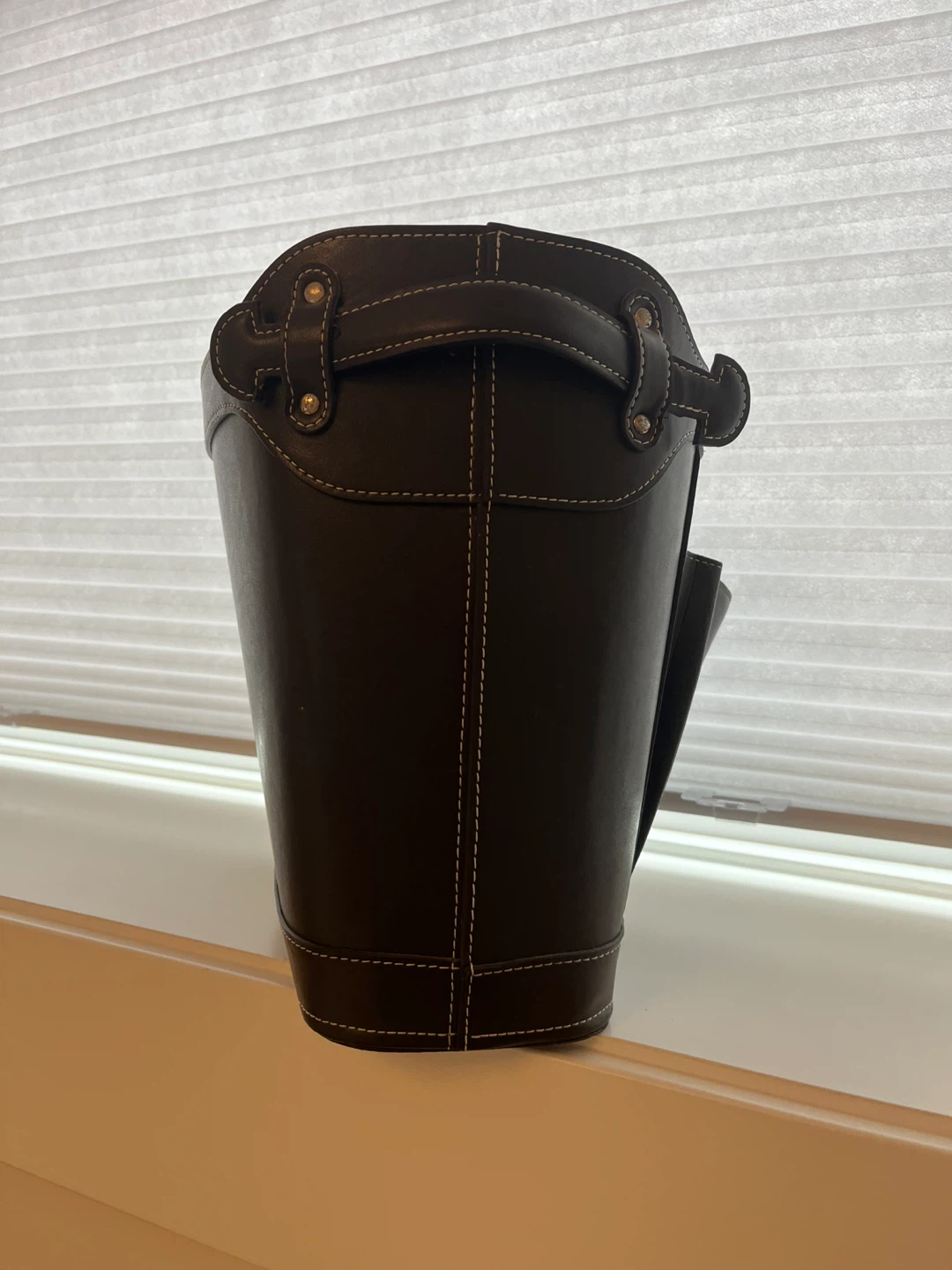 Dark Brown Leather Storage Bin with Handles - photo 3