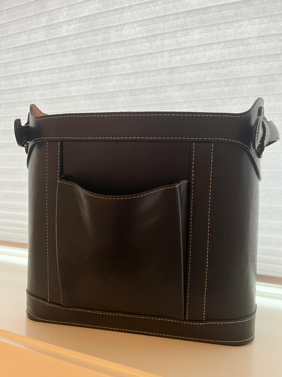 Dark Brown Leather Storage Bin with Handles