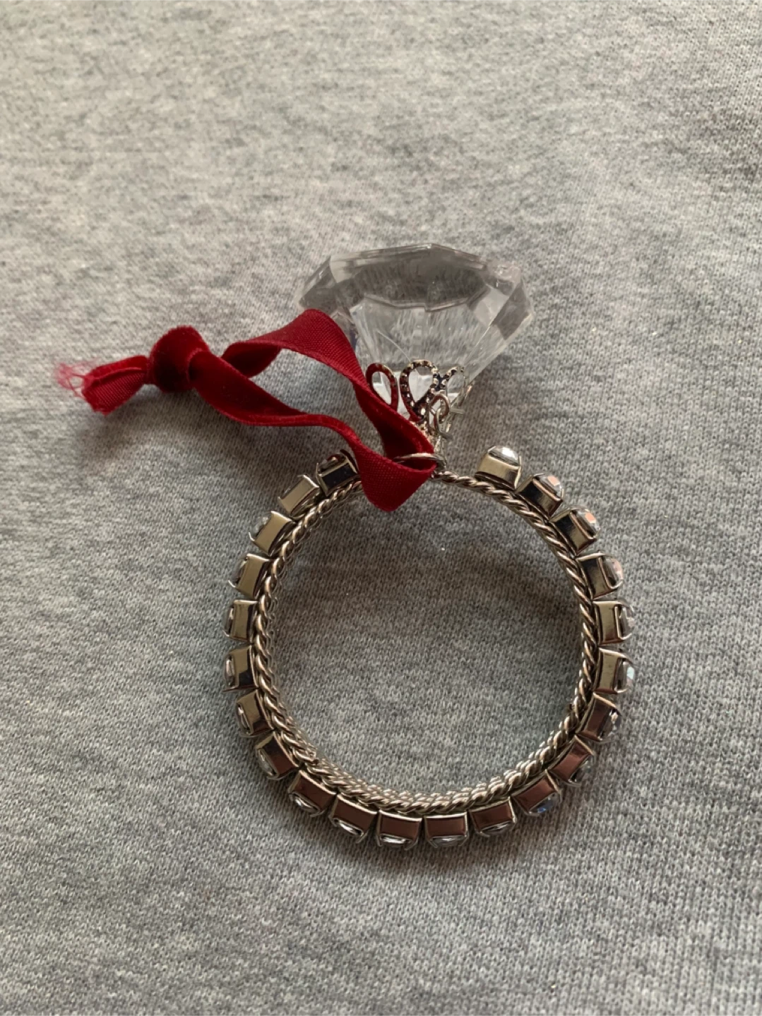 Large Diamond Ring Ornament with Dark Red Ribbon