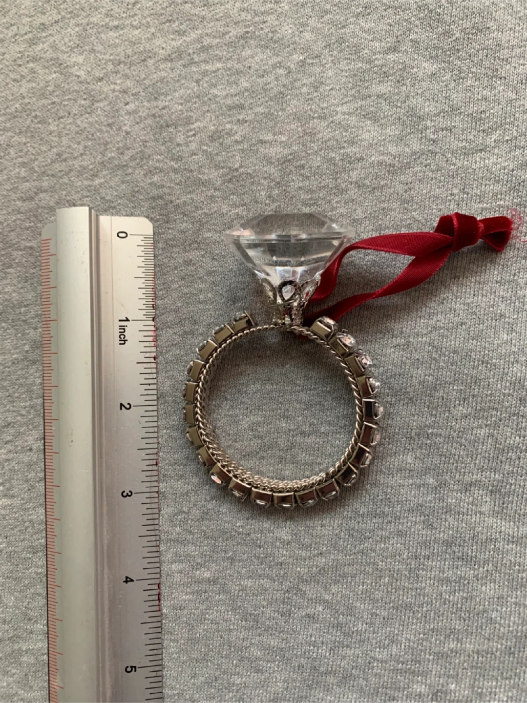 Large Diamond Ring Ornament with Dark Red Ribbon - photo 2