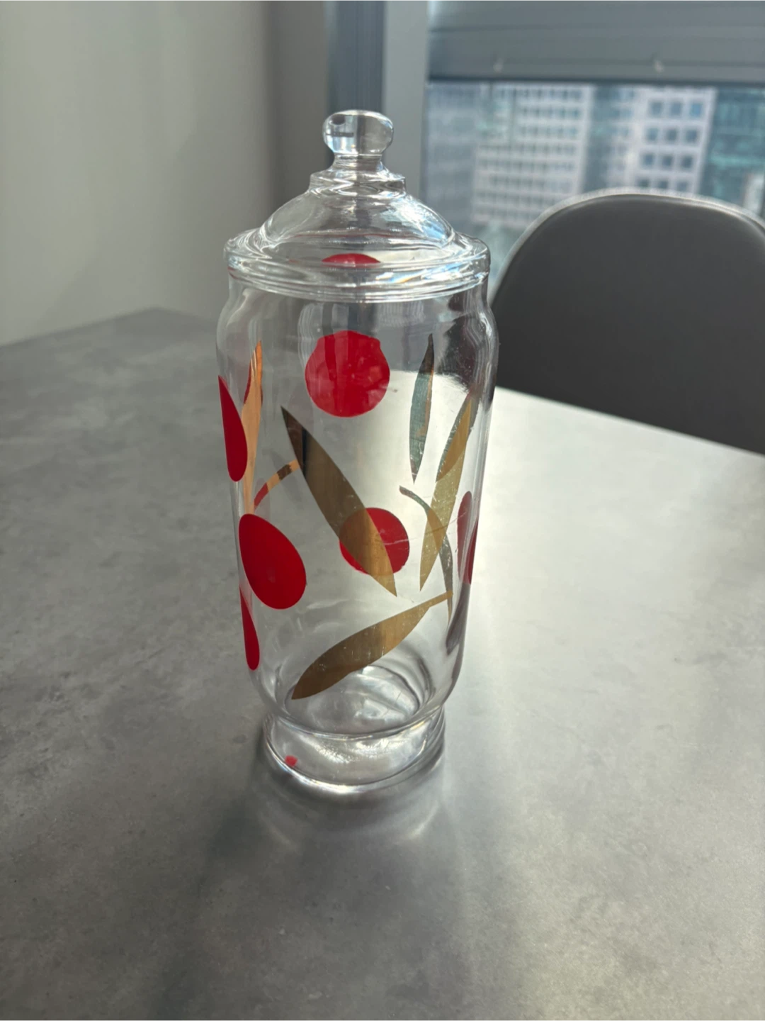 Vintage Glass Candy Jar with Lid – Retro Red & Gold Pattern
