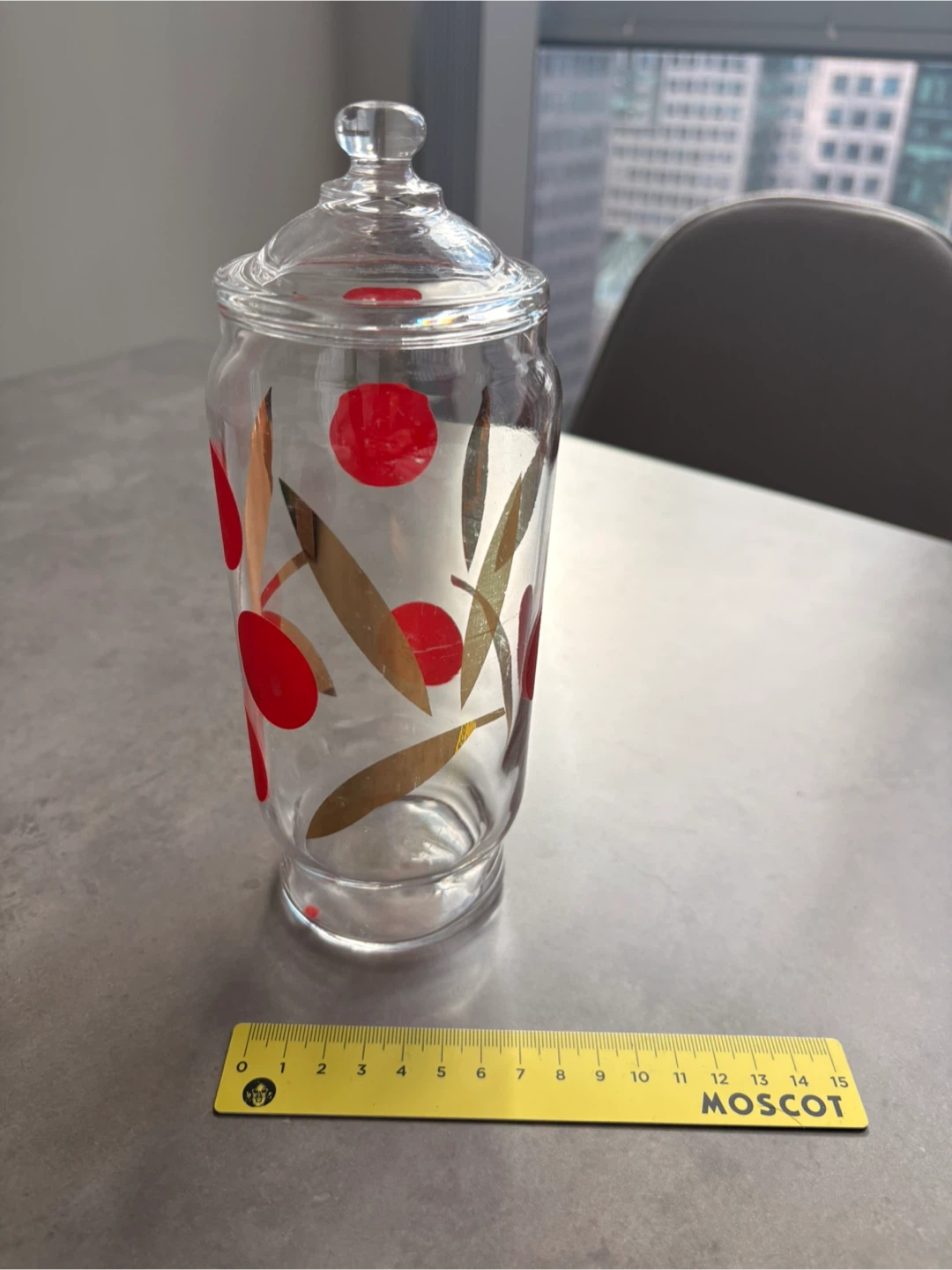 Vintage Glass Candy Jar with Lid – Retro Red & Gold Pattern - photo 2