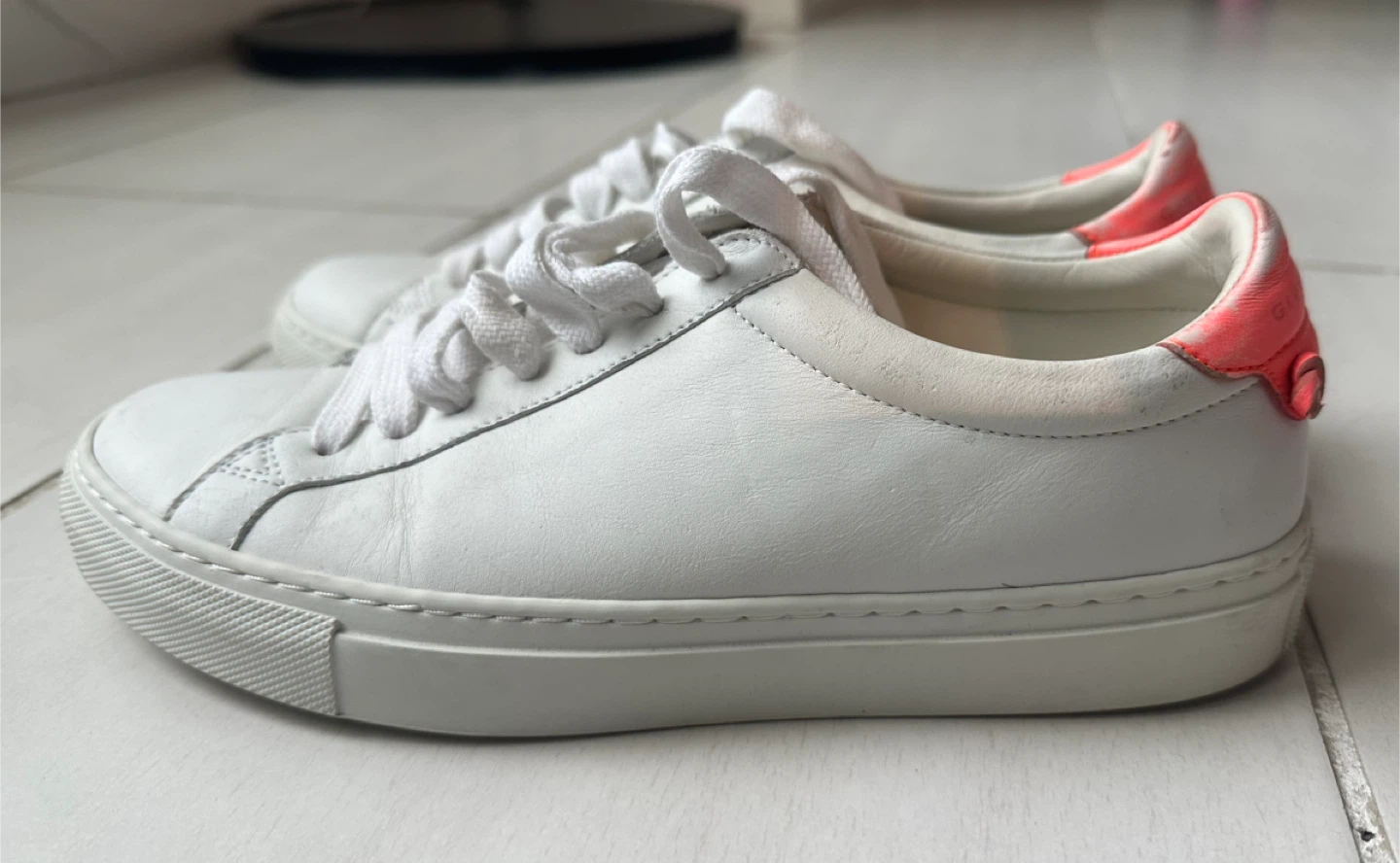 Givenchy Paris White Leather Sneakers with Pink Heel Accent