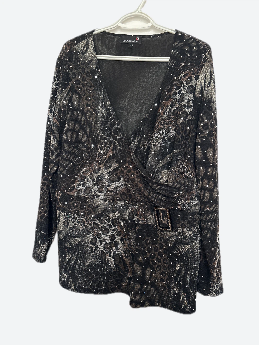 Laura Plus Sequined Animal Print Wrap Top