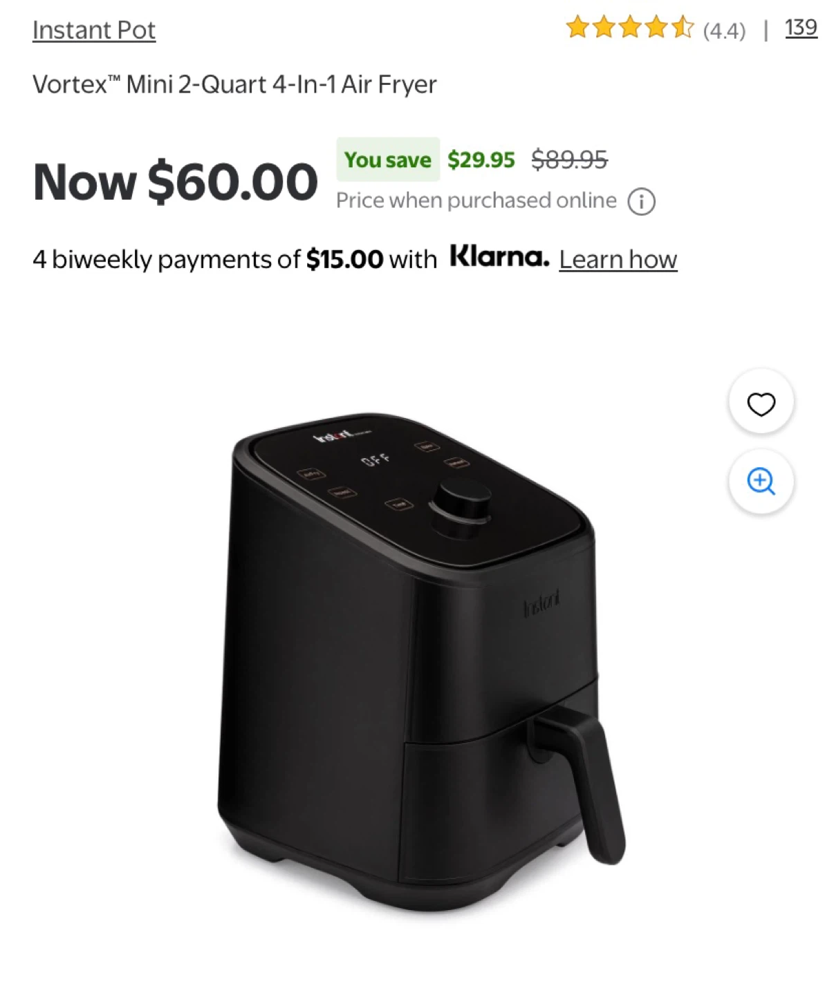 Instant Vortex Mini 2-Quart 4-In-1 Air Fryer