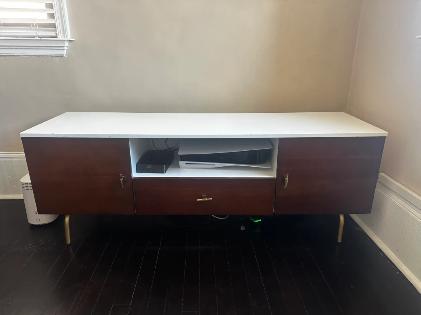 White and Brown Media Console with Gold Legs