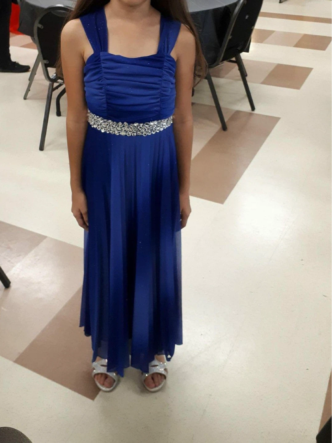 Blue formal dress with rhinestone belt