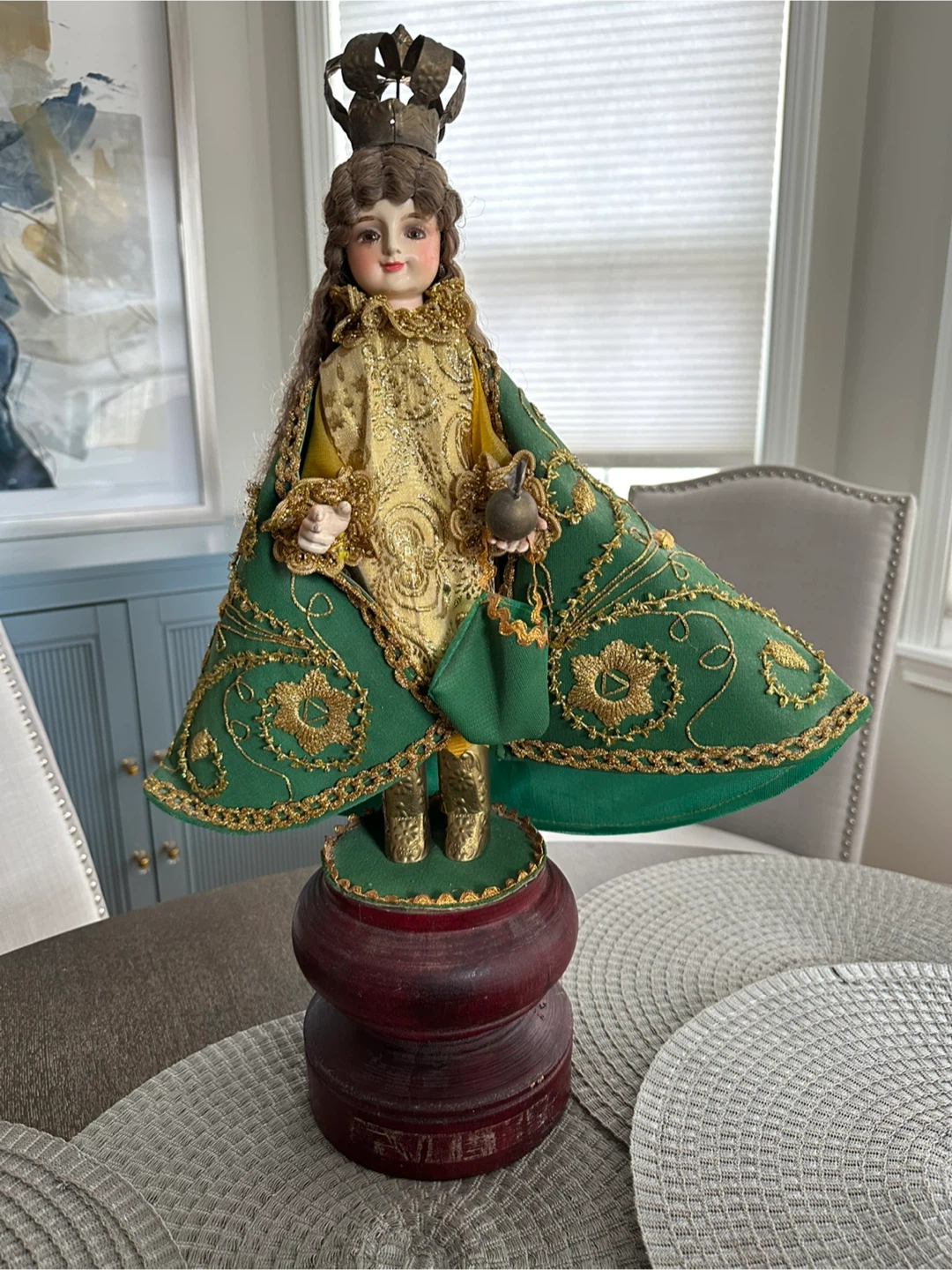 Vintage Religious Figurine Doll with Crown and Green Robe