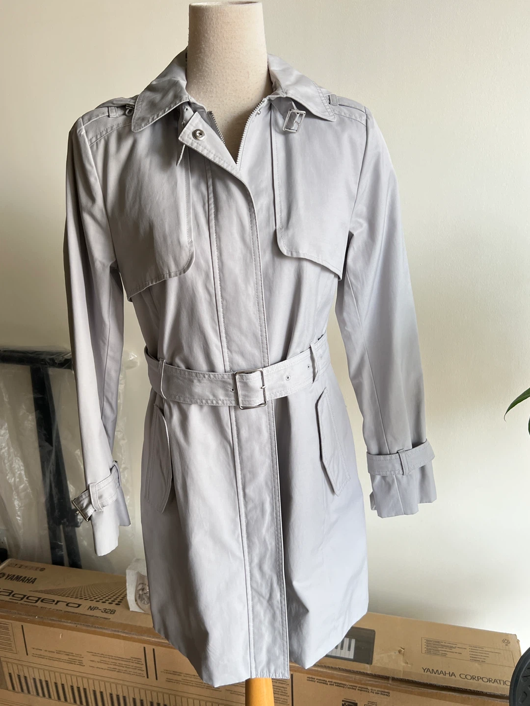 Cole Haan Light Grey Trench Coat with Hood