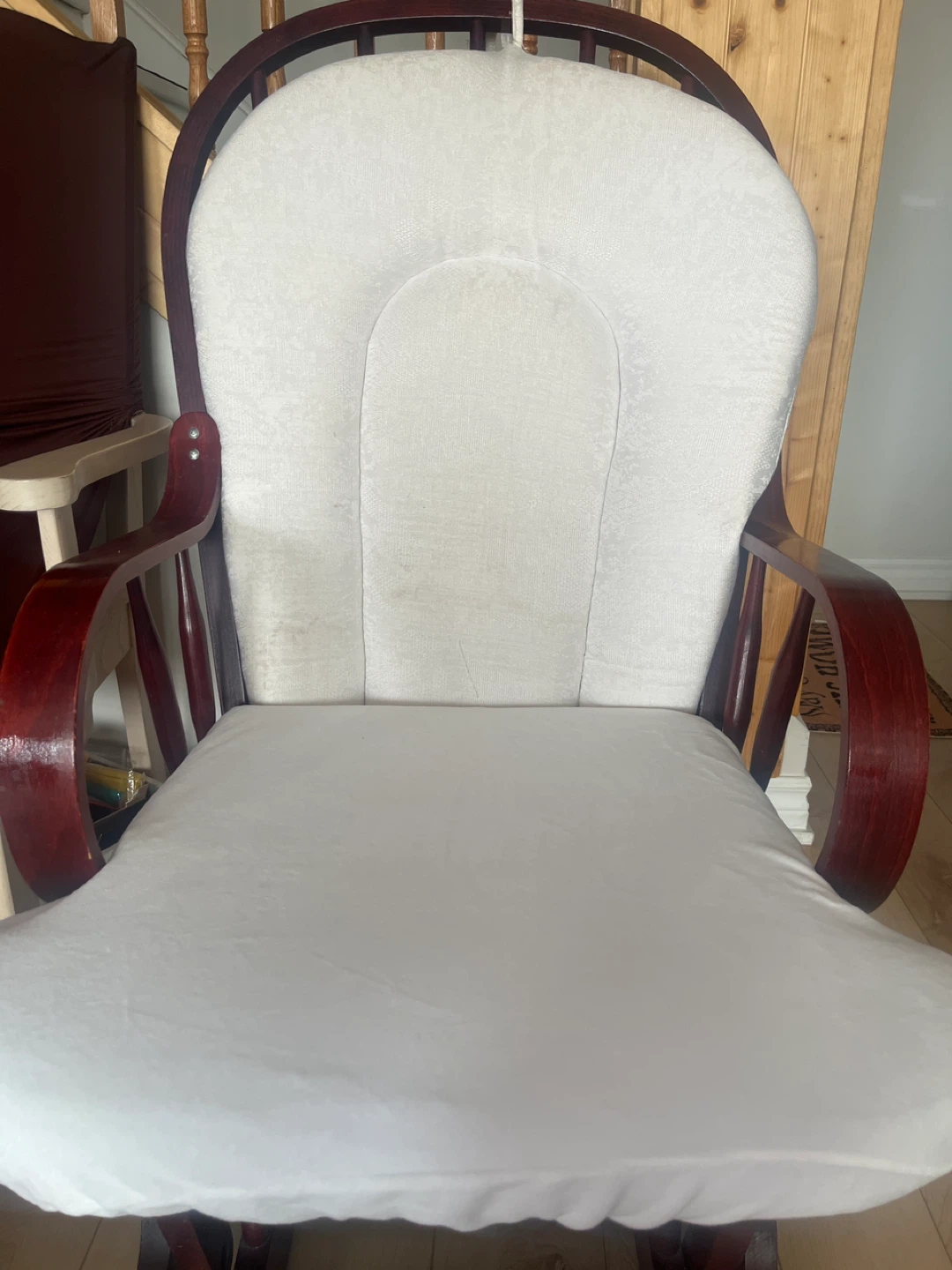 Wooden Glider Rocking Chair with White Cushions