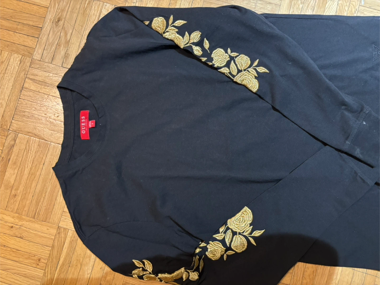 Guess Black Long Sleeve Shirt with Gold Floral Embroidery
