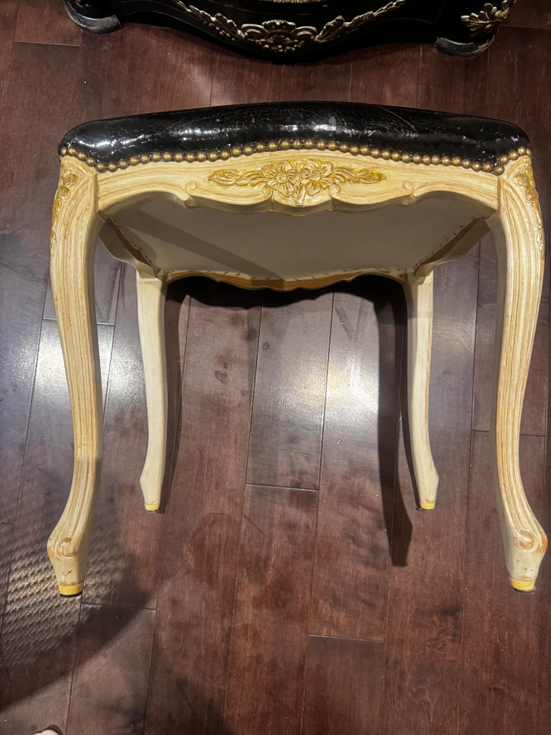 Black Faux Leather Vanity Stool with Gold Accents