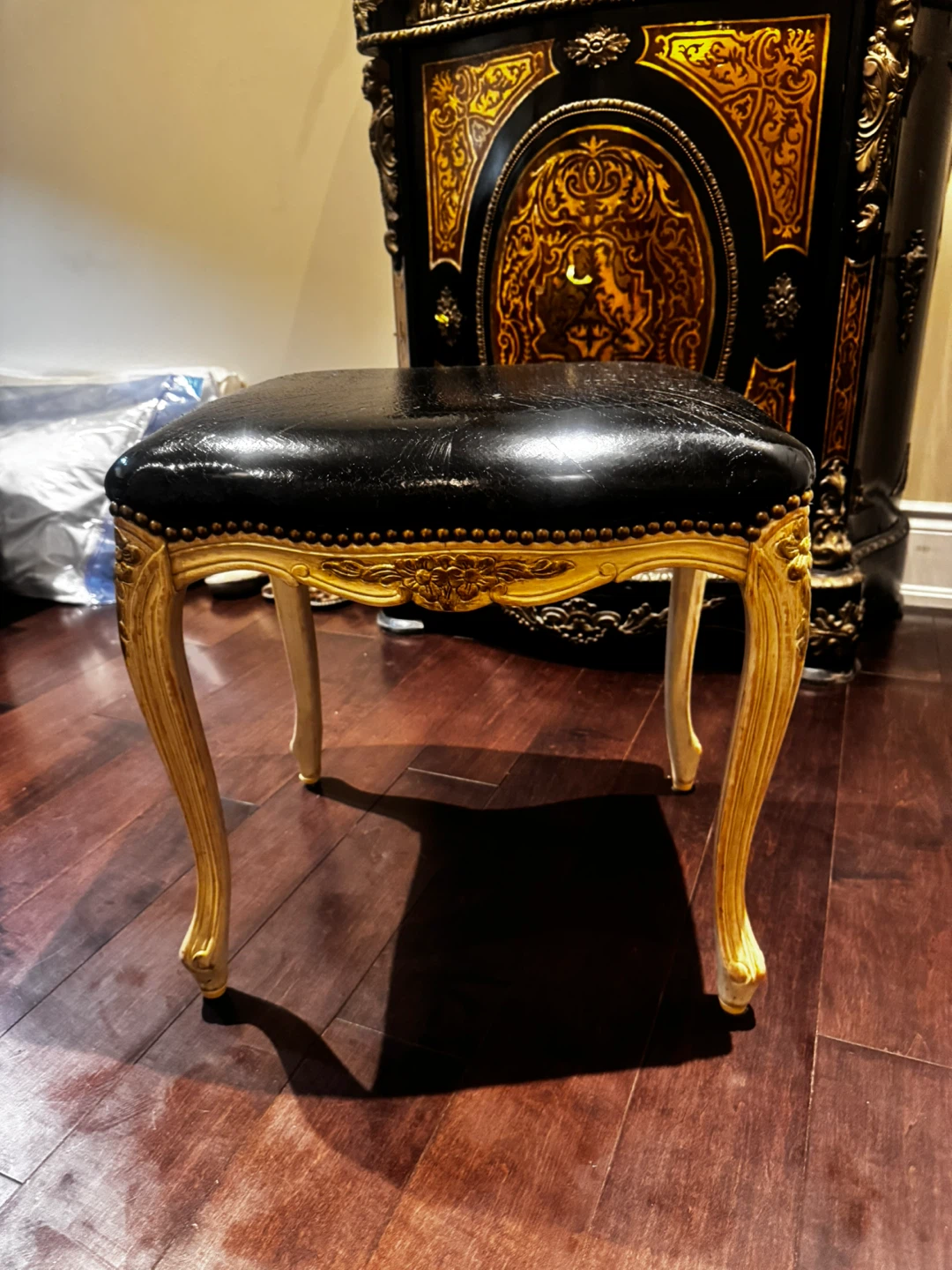 Black Faux Leather Vanity Stool with Gold Accents - photo 3