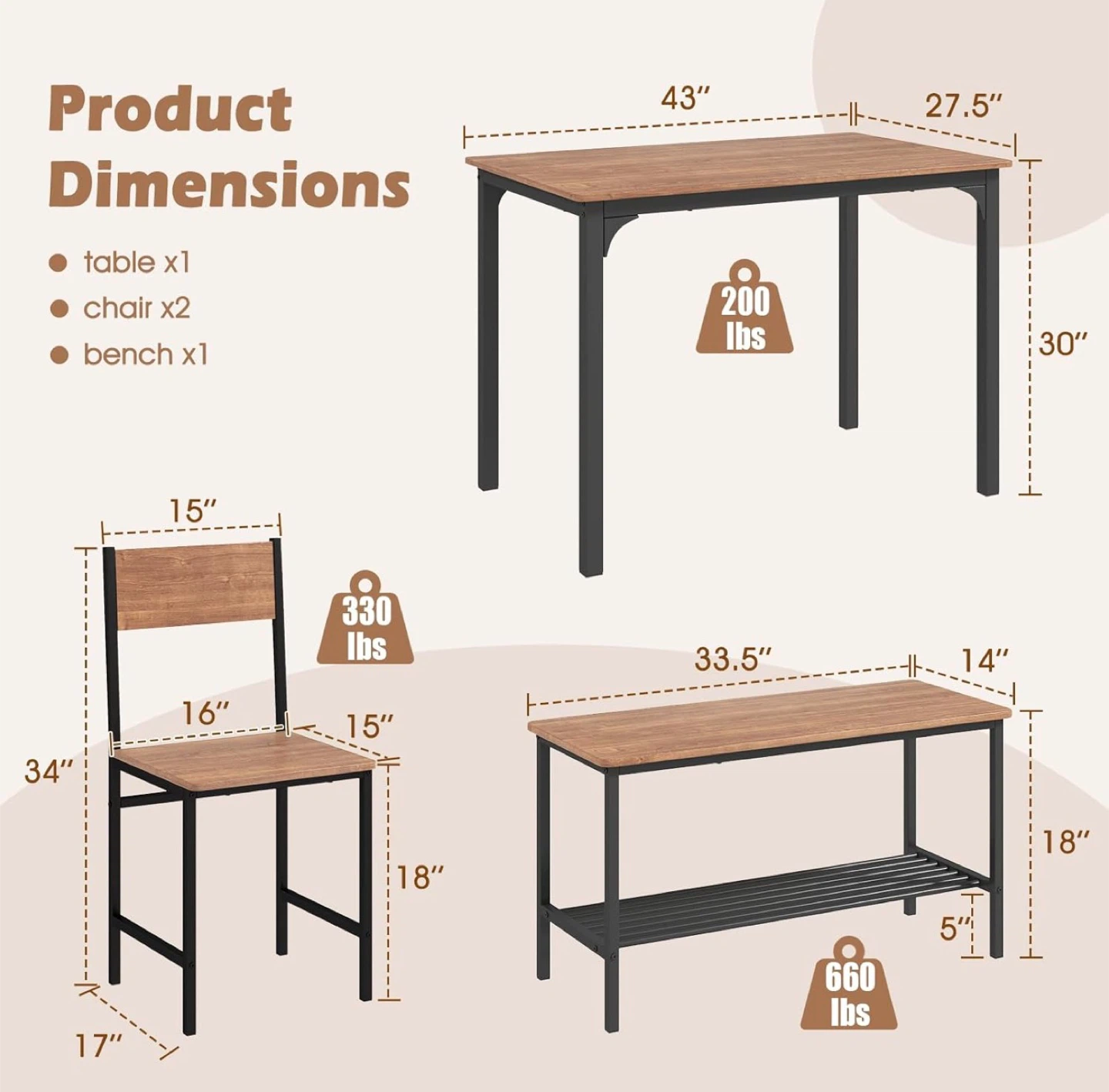 4 Piece Dining Set with Table, 2 Chairs, and Bench