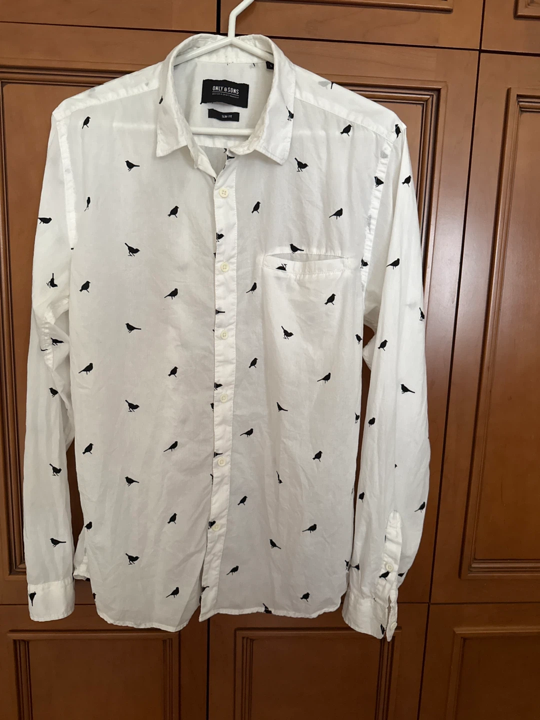 ONLY & SONS White Slim Fit Print Button-Up Shirt Men's Medium