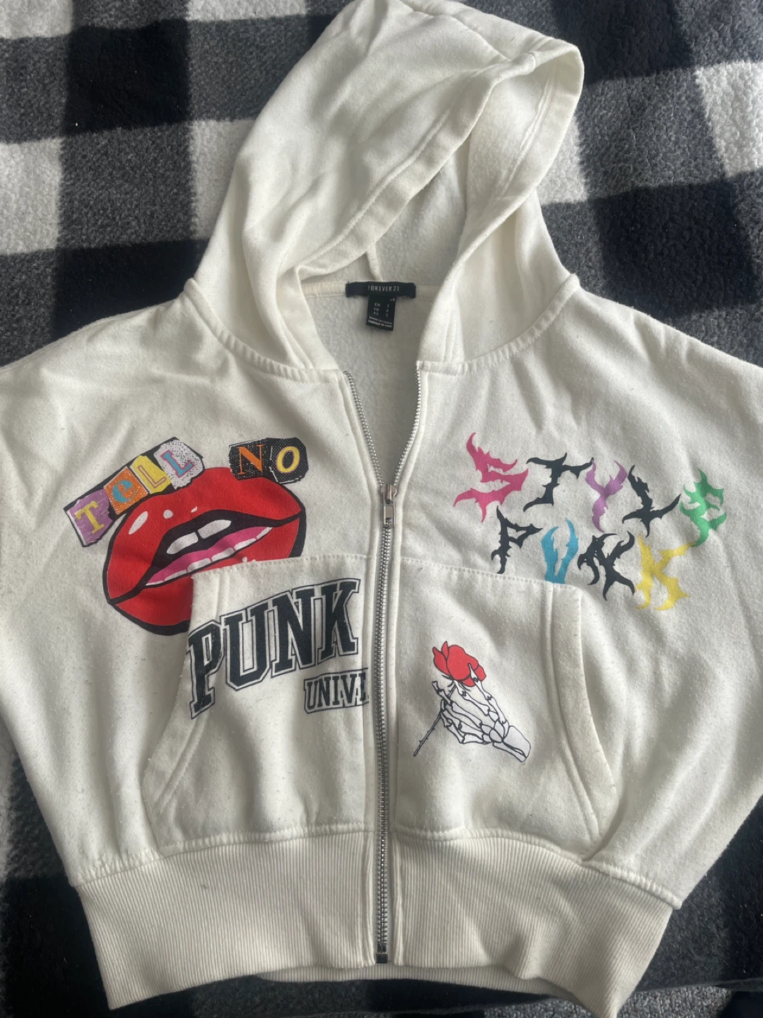 Forever 21 Cream Punk Rock University Zip-Up Hoodie