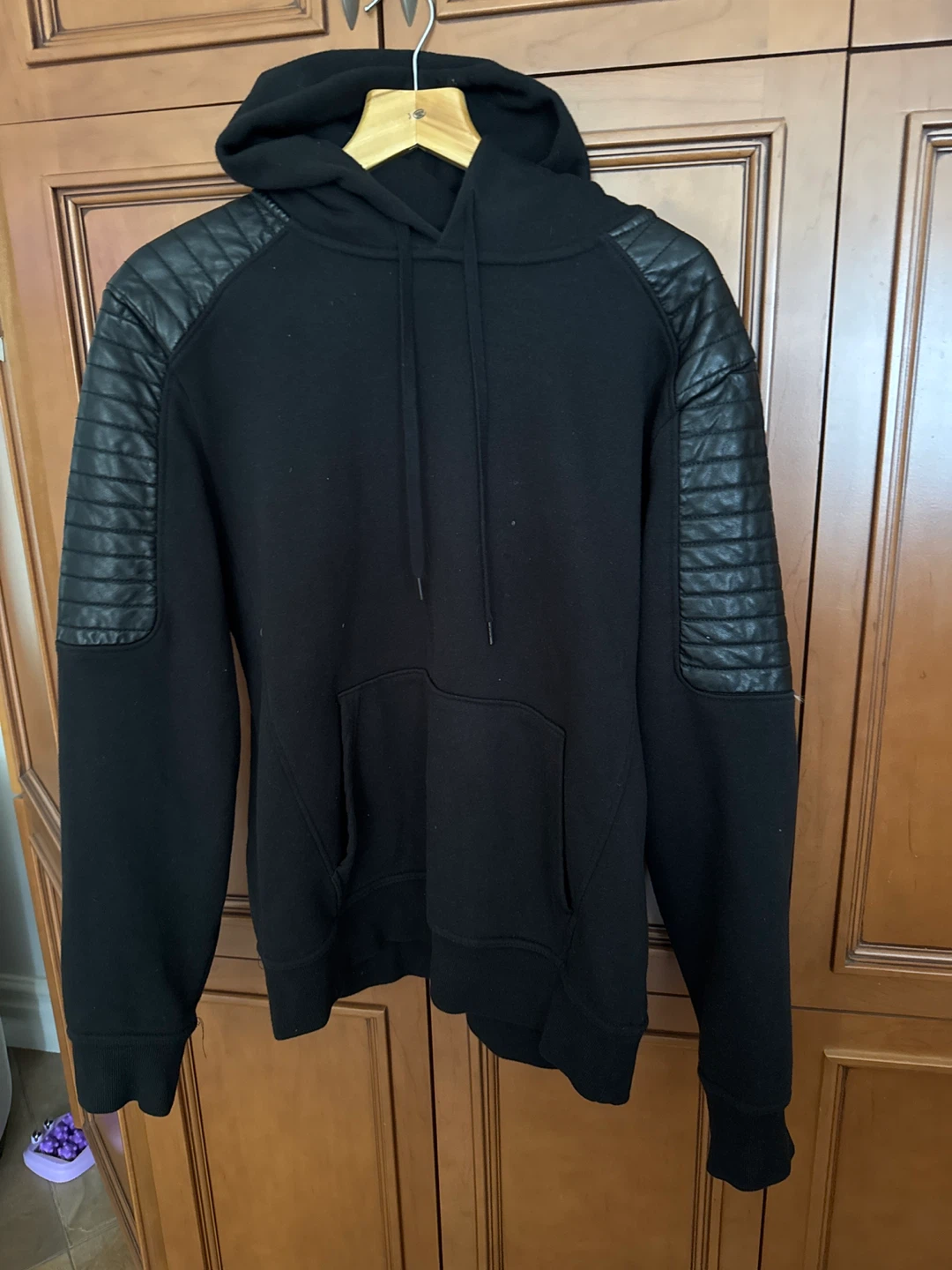 Black Hoodie with Faux Leather Shoulder and Sleeve Detail