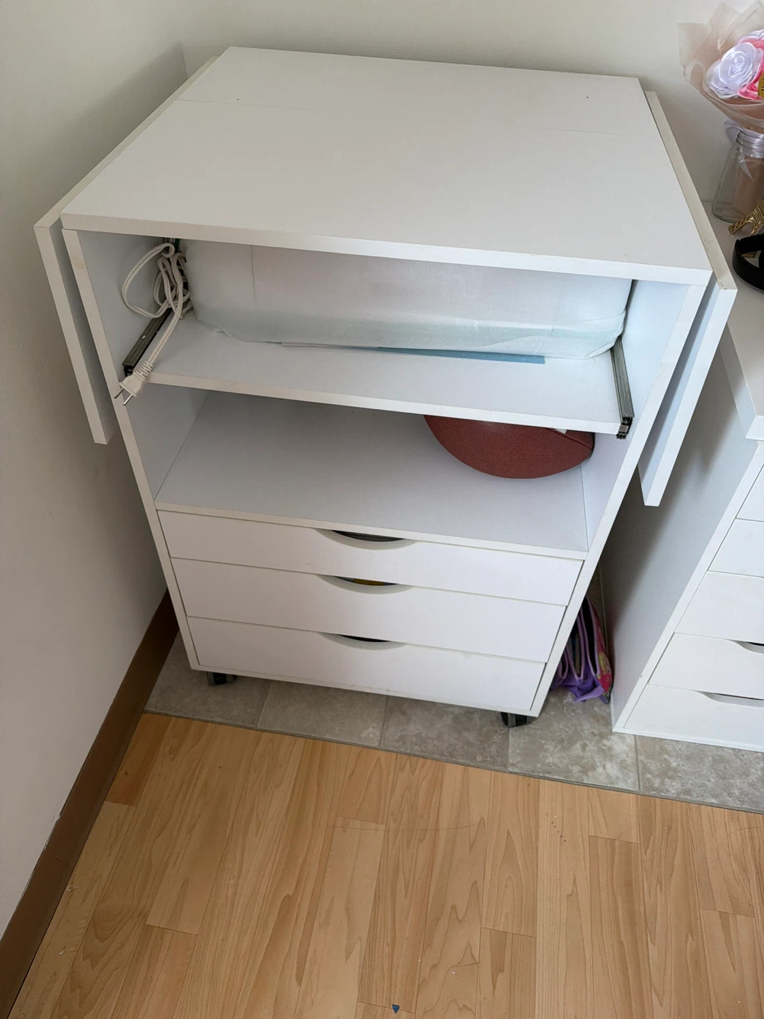 White Rolling Craft Cart with Drawers and Fold-Out Table