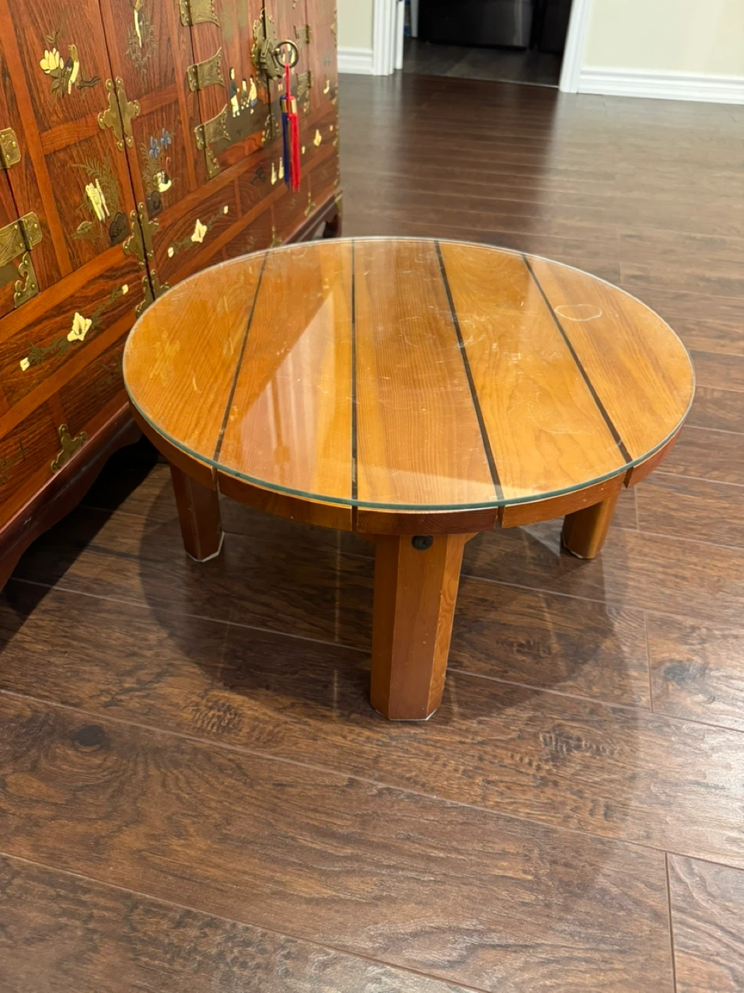 Round Wood Coffee Table with Glass Top