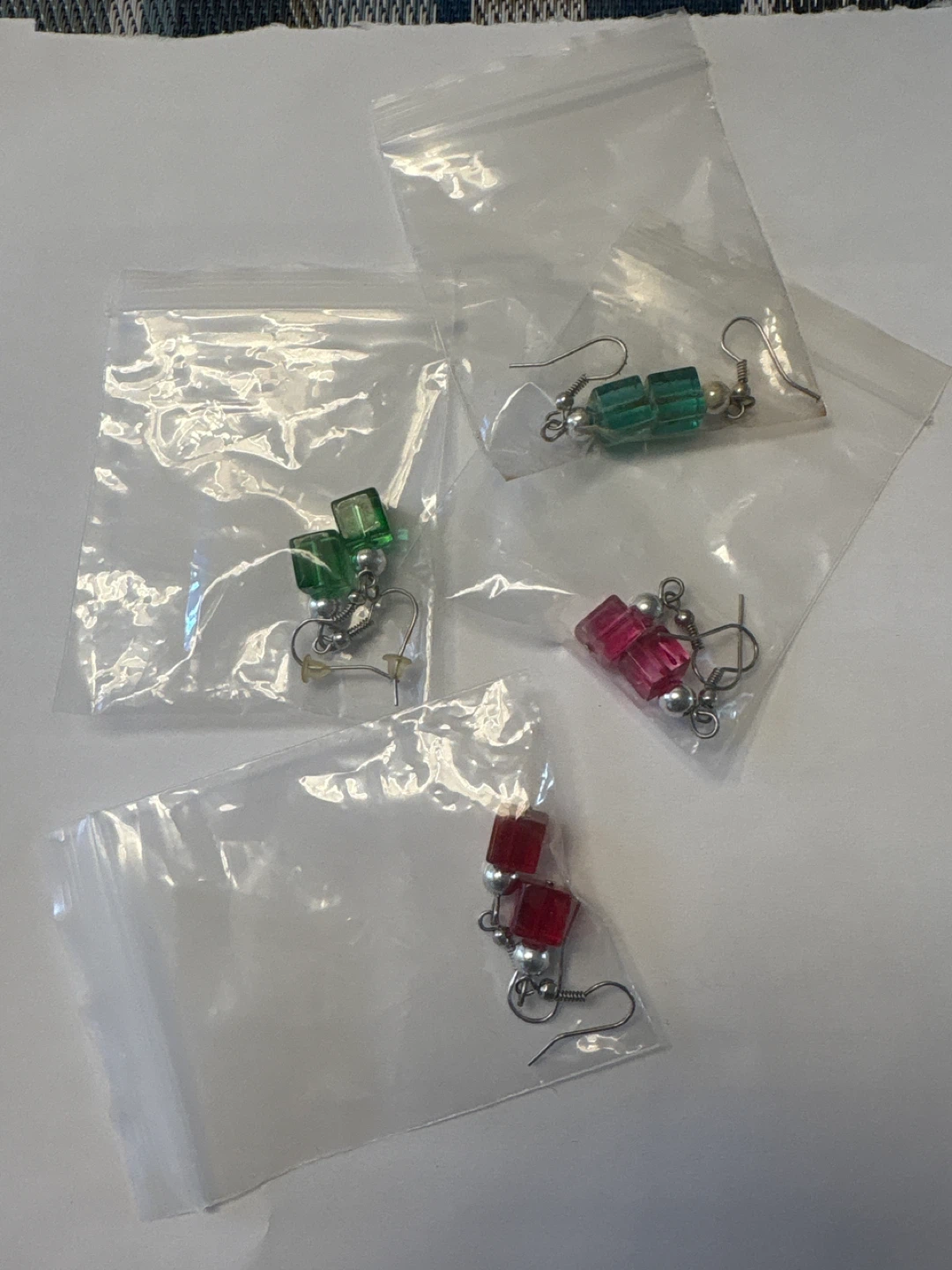 Set of 4 Pairs Dangle Earrings - Red, Green, Pink Cube Beads