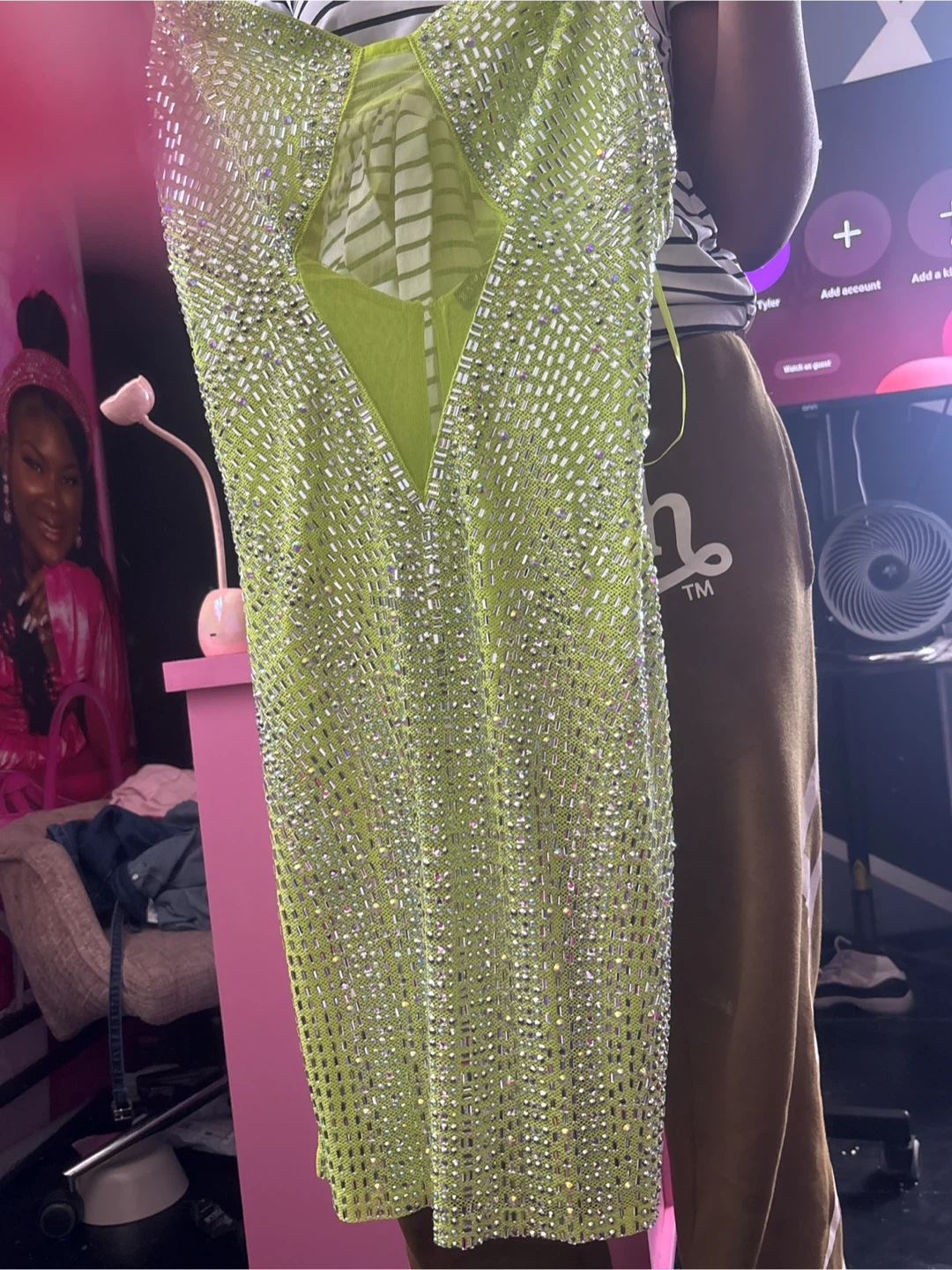 Lime Green Rhinestone Mini Dress with Fringe