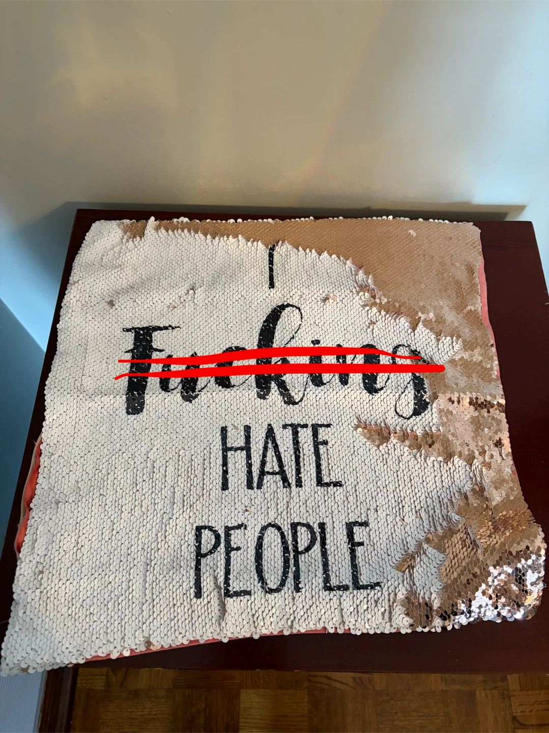 Reversible Sequin Pillow Cover - "I Hate People"