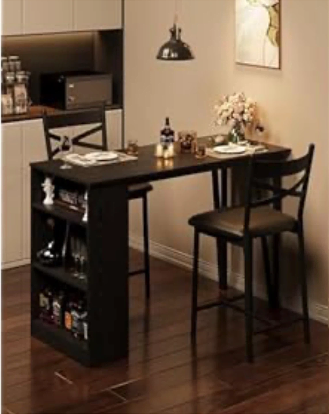 3-Piece Counter Height Dining Set with Storage Shelves. BLACK