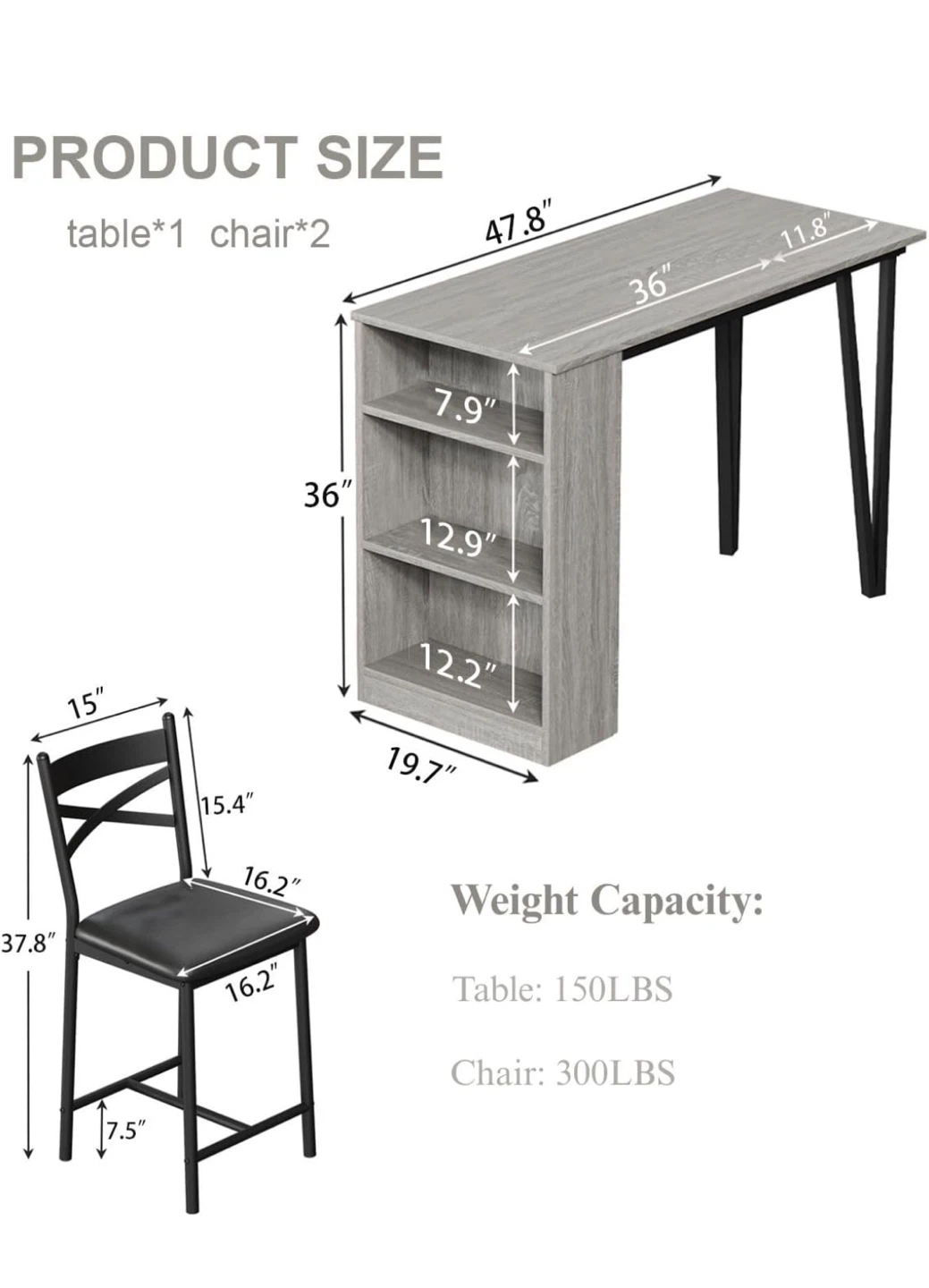 3-Piece Counter Height Dining Set with Storage Shelves. BLACK - photo 2