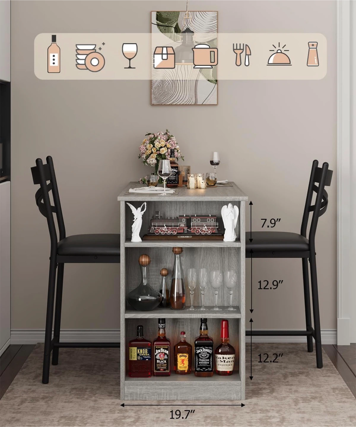 3-Piece Counter Height Dining Set with Storage Shelves. BLACK - photo 3
