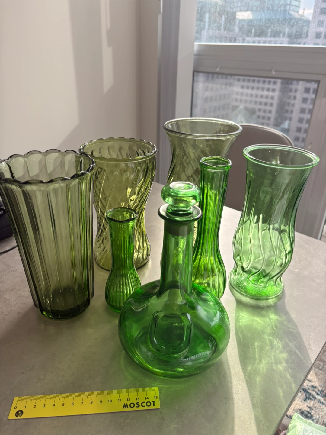 Vintage Green Glass Vases & Bottle Set – Mid-Century Style