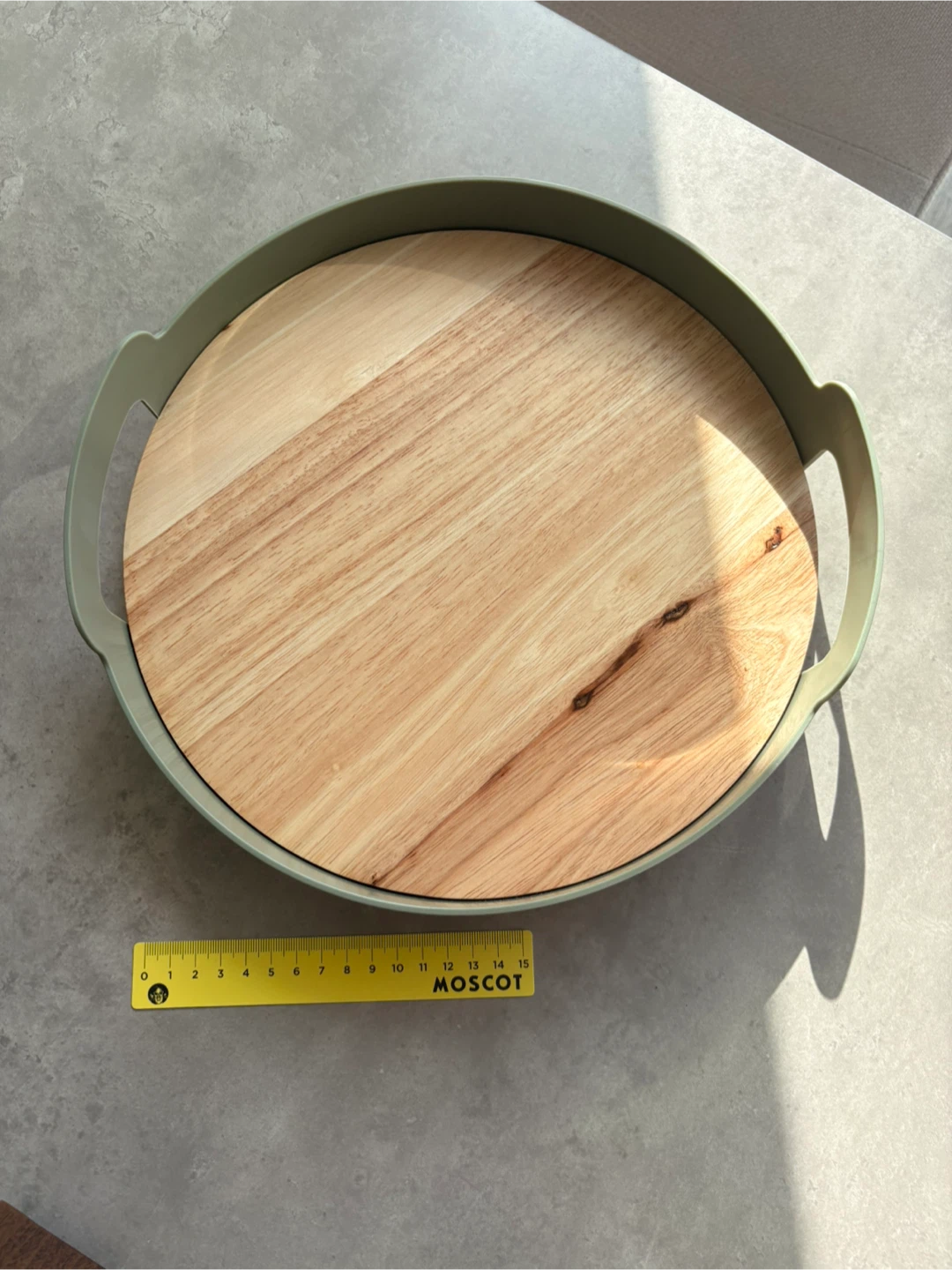 Round Serving Tray with Wood Base & Sage Green Handles - photo 2