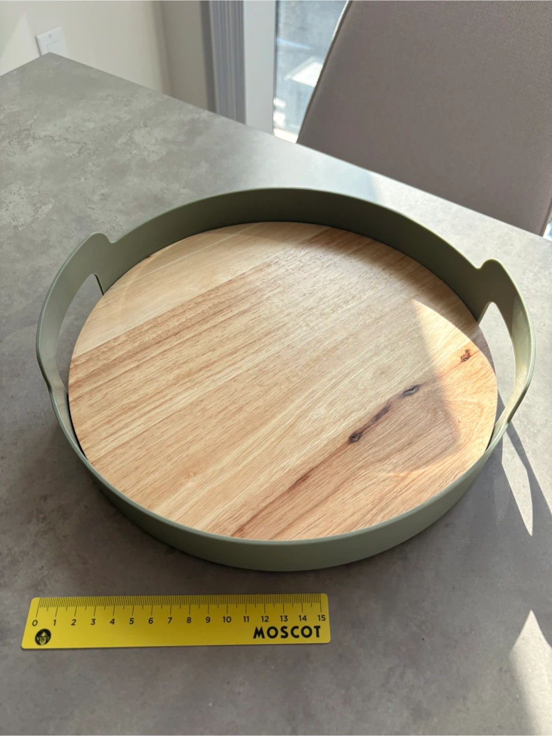 Round Serving Tray with Wood Base & Sage Green Handles