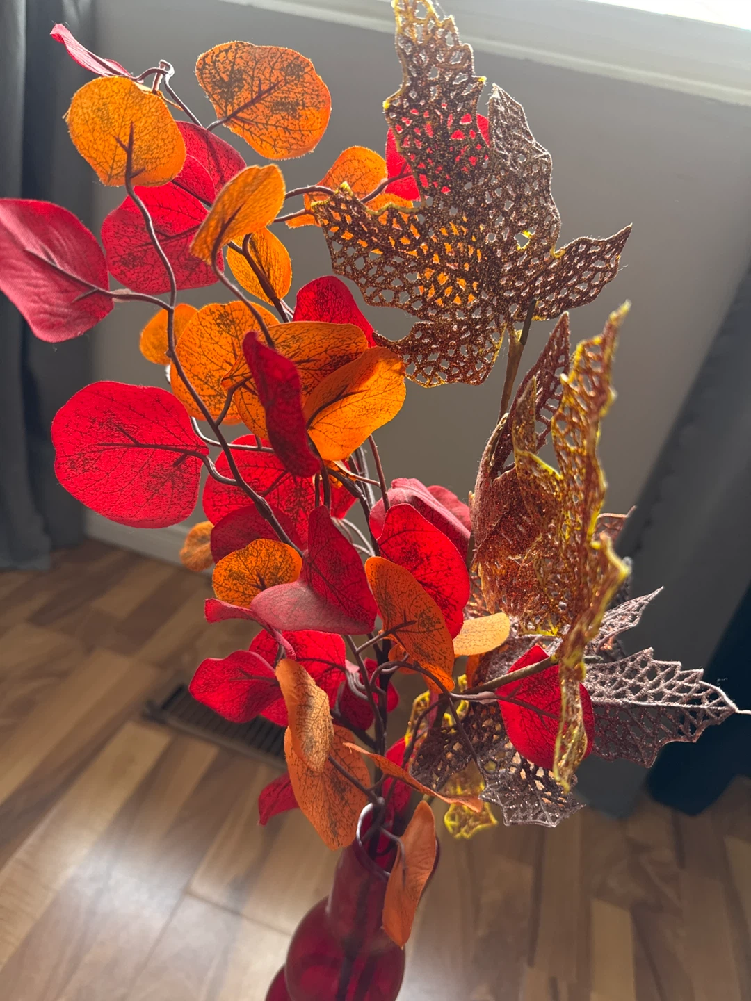 Red Glass Vase with Fall Floral Arrangement - photo 3