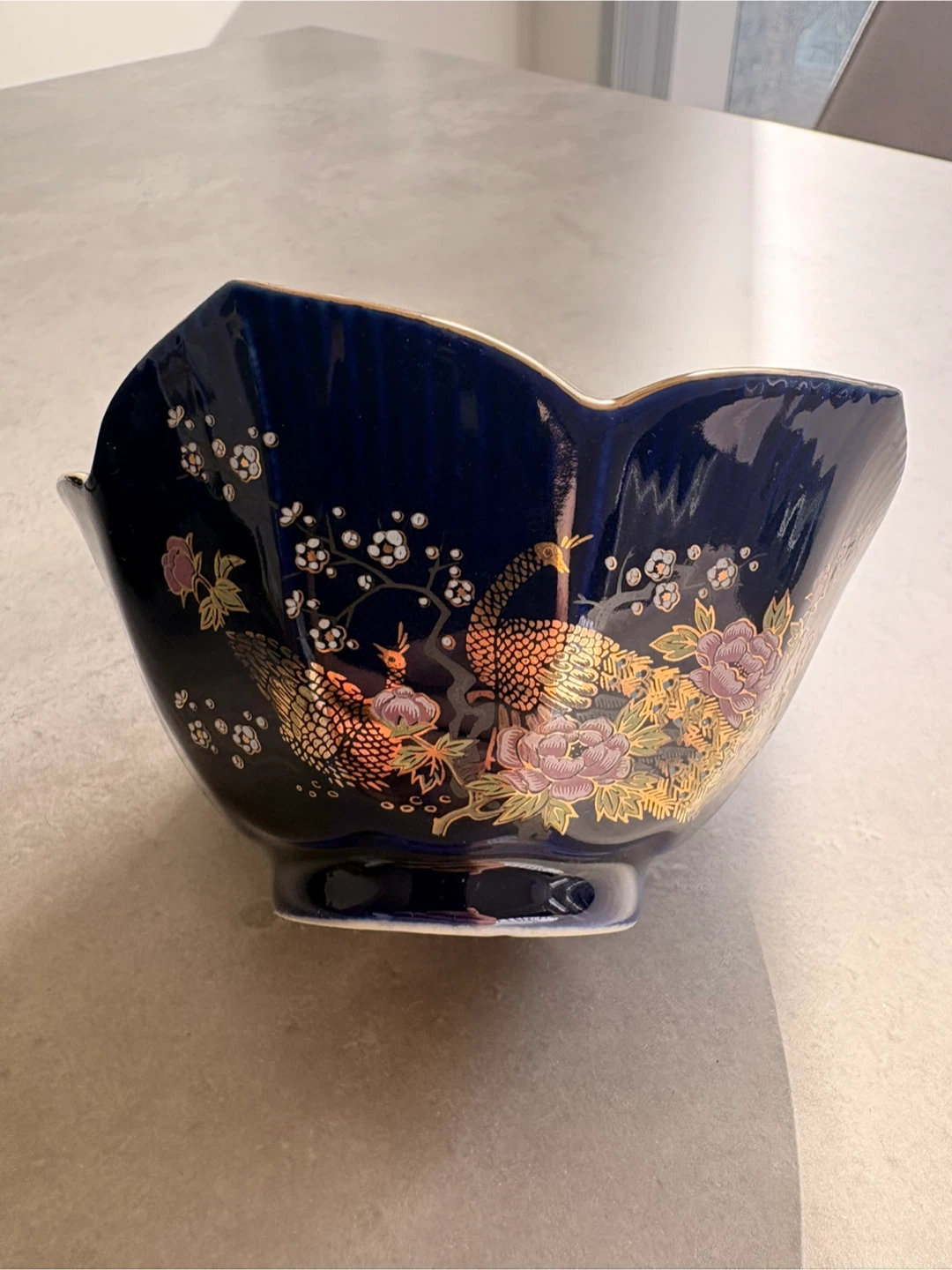 Vintage Japanese Cobalt Blue Porcelain Bowl – Peacock Floral - photo 3
