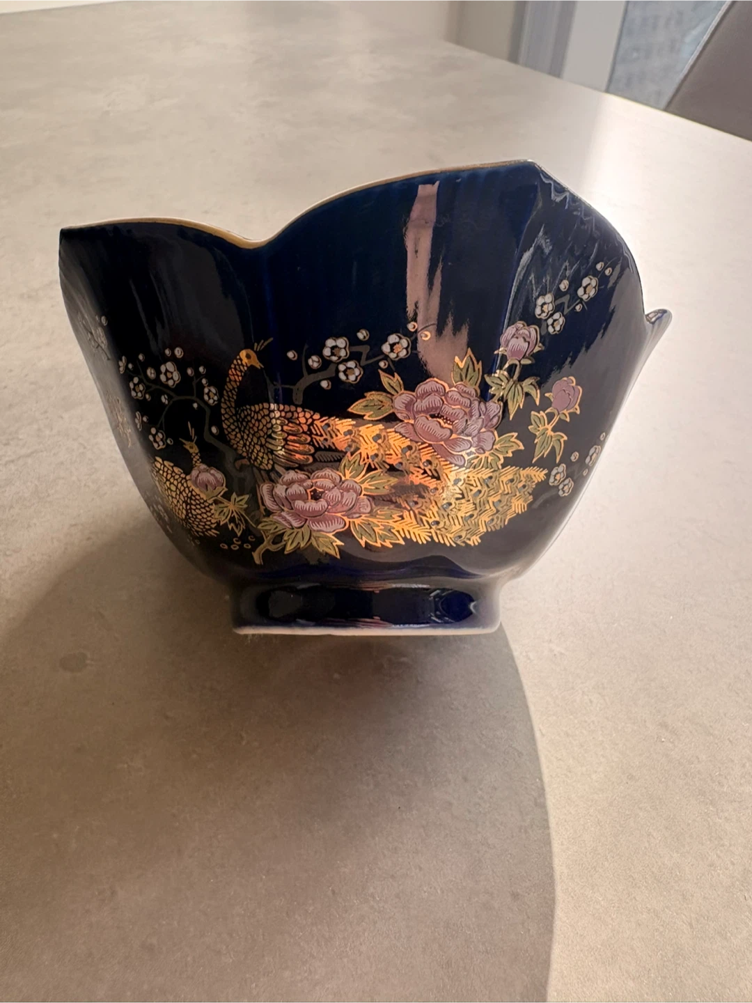 Vintage Japanese Cobalt Blue Porcelain Bowl – Peacock Floral - photo 2