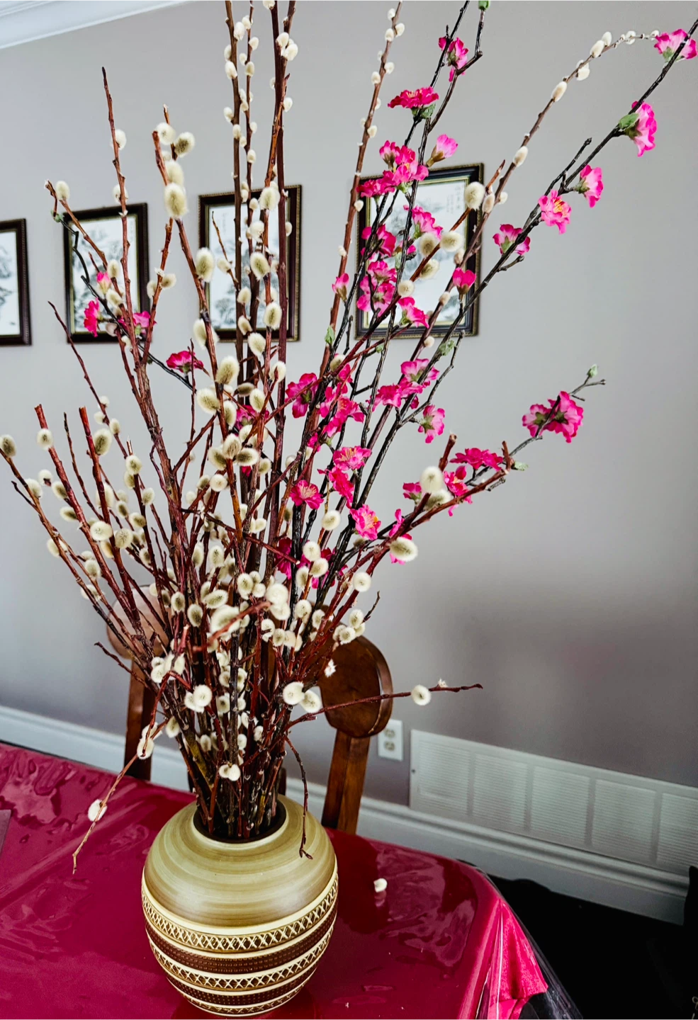 Decorative Pussy Willow and Cherry Blossom Branches in Vase