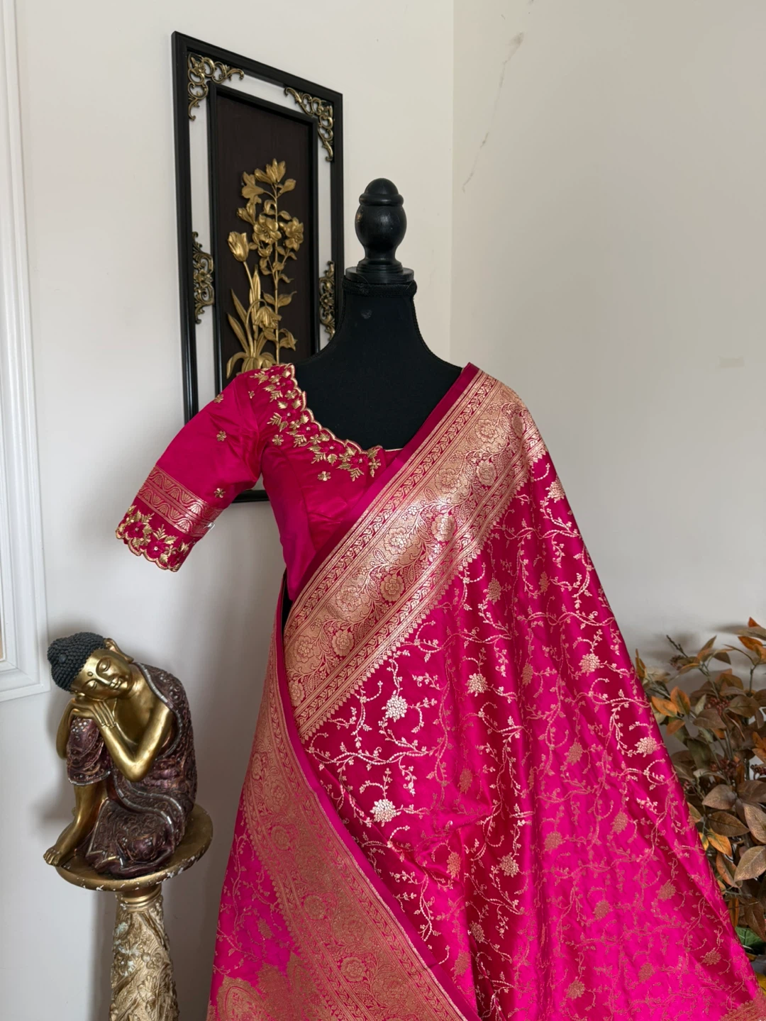 Hot Pink Silk Saree with Gold Embroidery