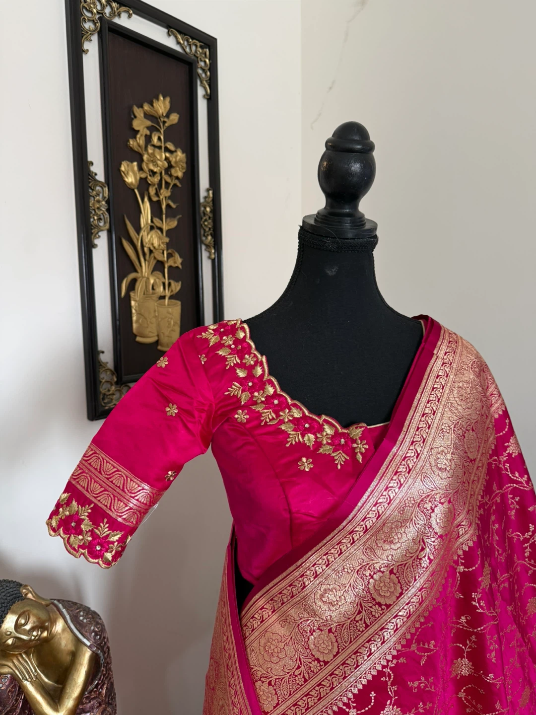 Hot Pink Silk Saree with Gold Embroidery - photo 2