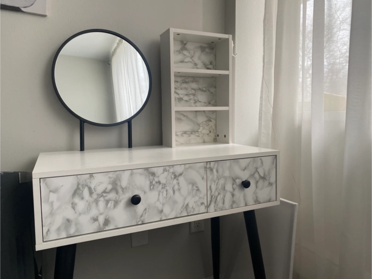 White Vanity Desk with Round Mirror and Shelves - photo 2