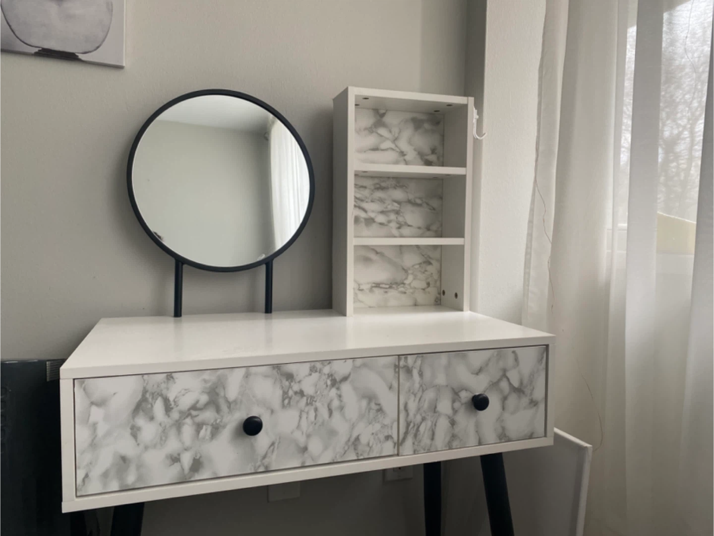 White Vanity Desk with Round Mirror and Shelves