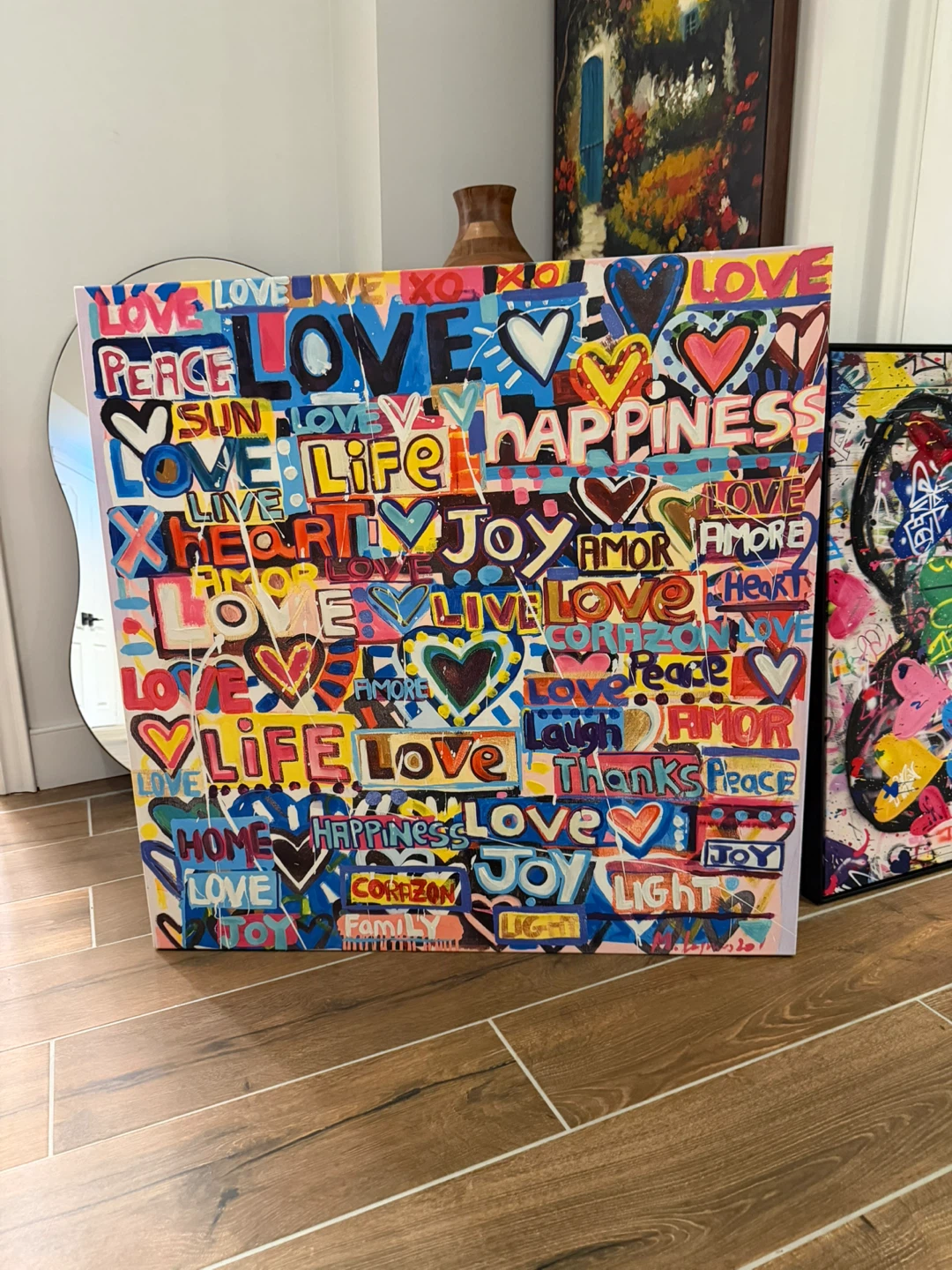 Colourful Collage Art Canvas Print 'Love, Peace, Happiness'