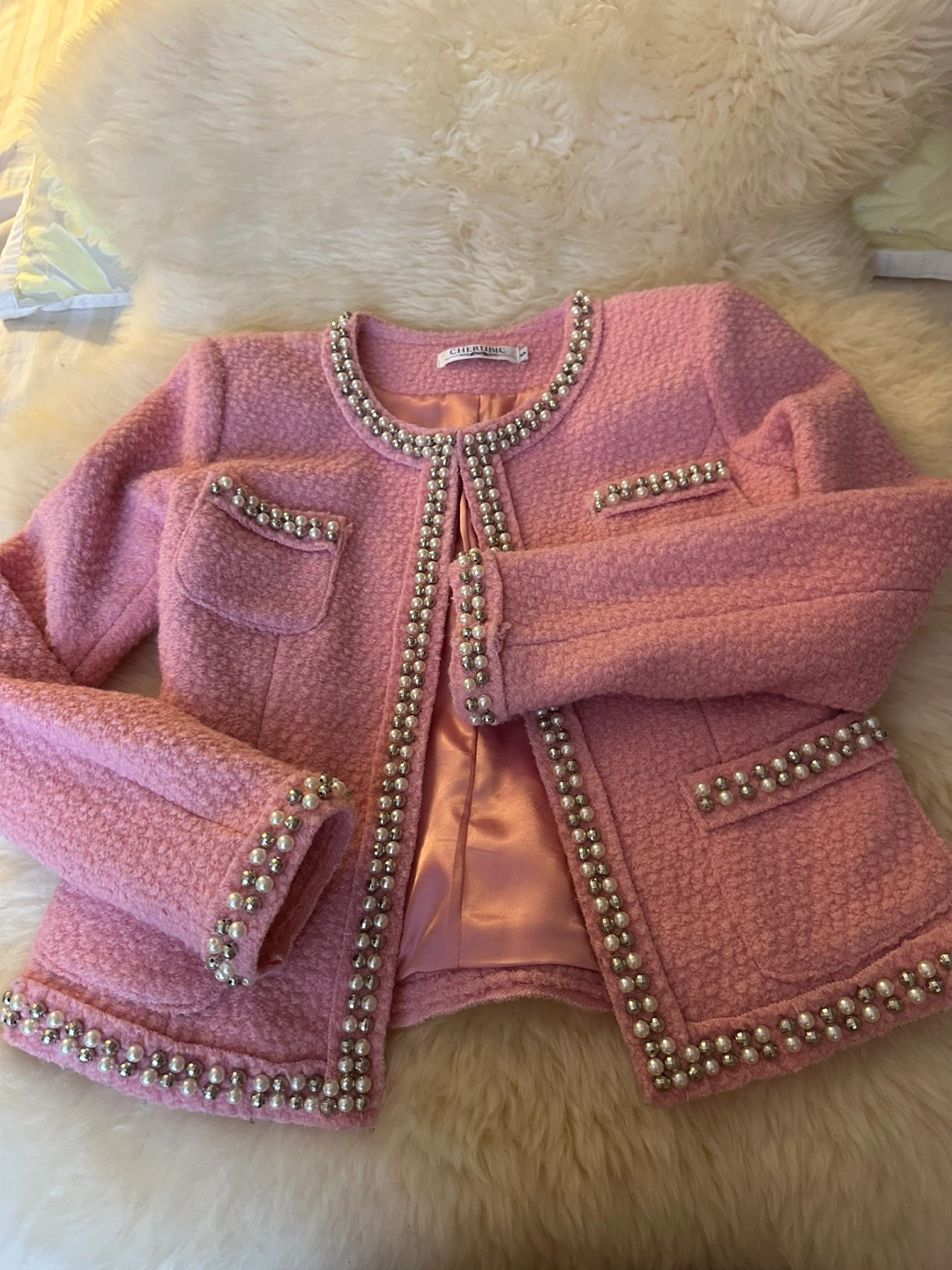 Cherubic Pink Tweed Beaded Jacket