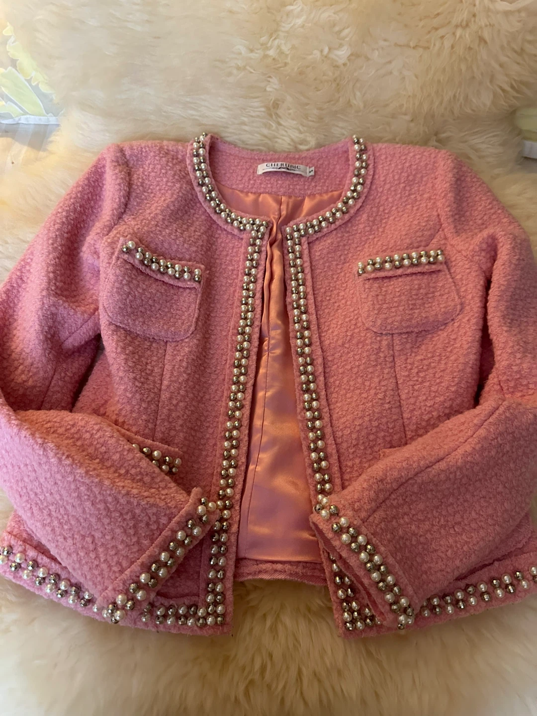 Cherubic Pink Tweed Beaded Jacket - photo 2